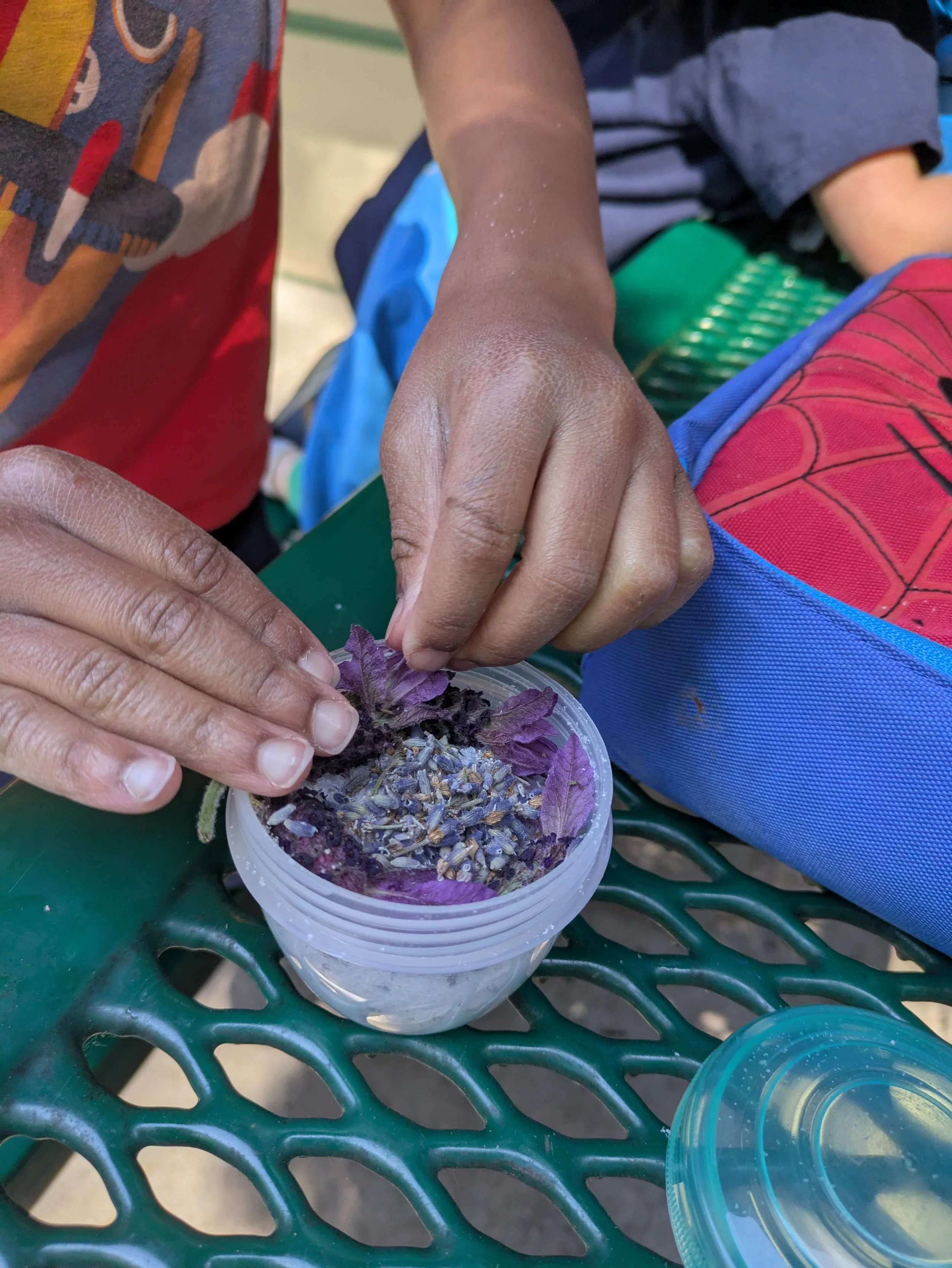 Two children gather dried lavender and purple flower petals in a small plastic container on a green metal table.