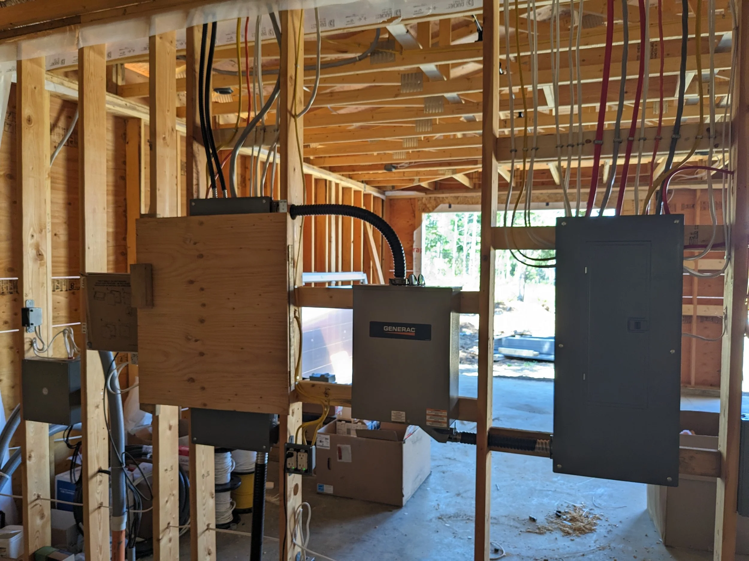 Electrical equipment and wiring installed between the exposed wood studs of a partially constructed building