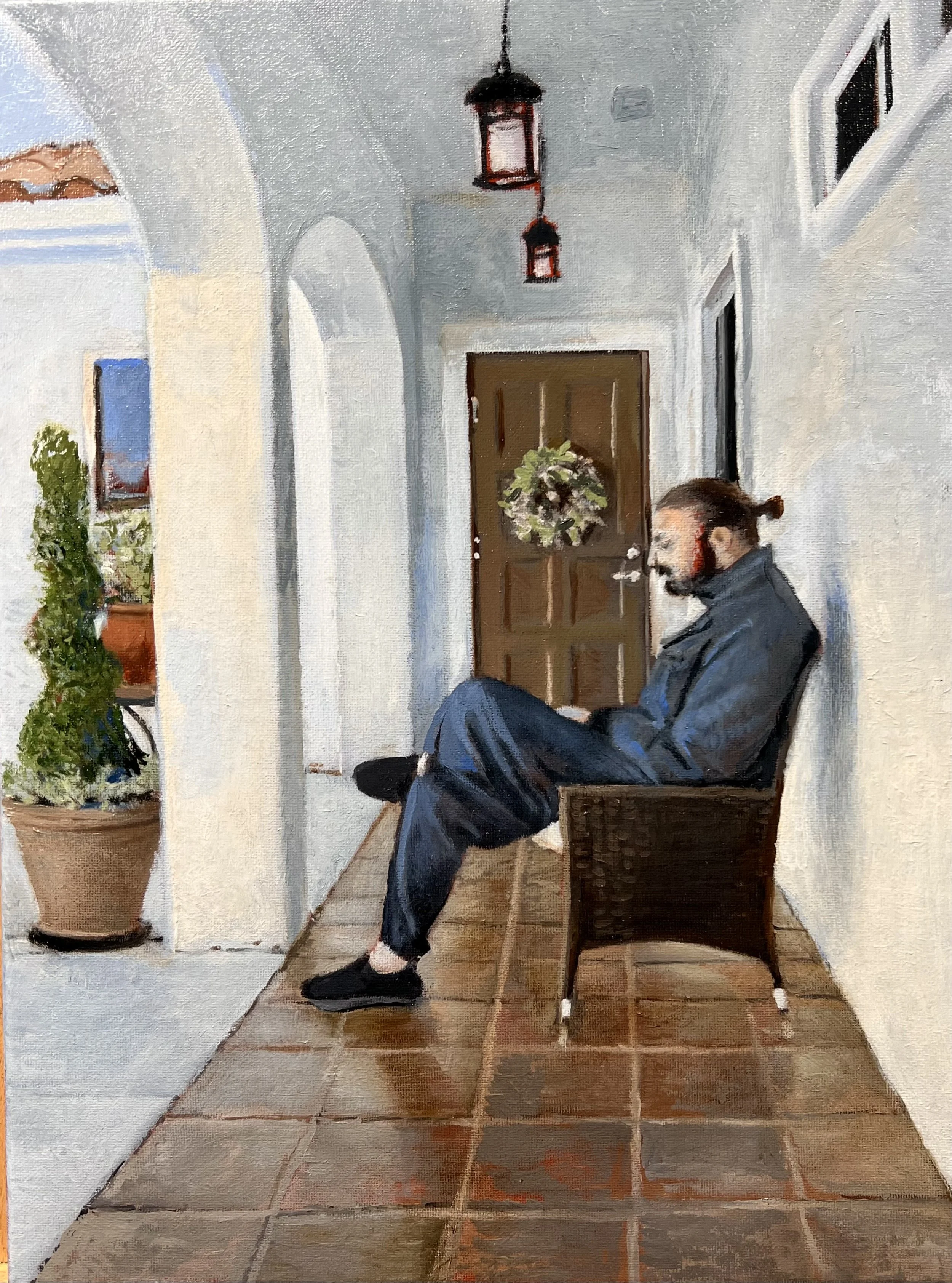 "A quiet moment on the veranda" oil on canvas, private collection