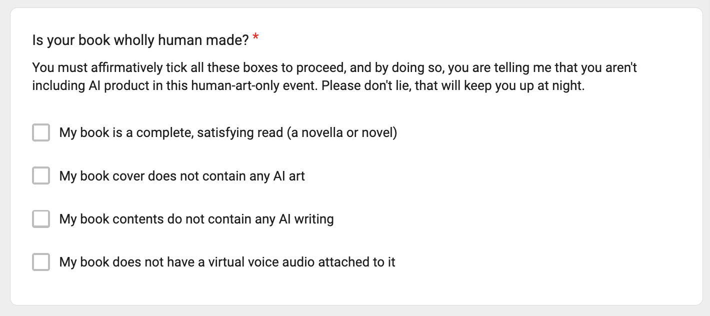 A four part question that authors need to answer as part of signing up with a free book for a Stuff Your Kindle Day: