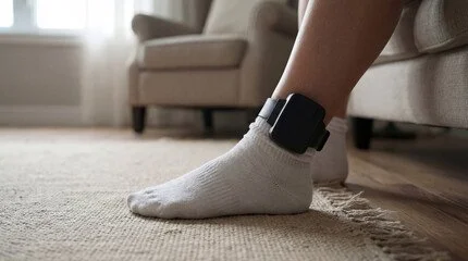 Person's foot in a sock with a medical device attached, resting on a carpeted floor in a living room.
