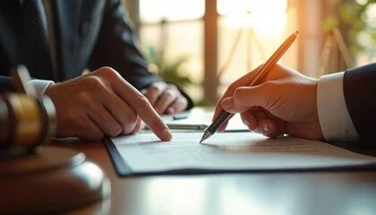 Two people signing a document at a table with a pen and paper in an office setting.