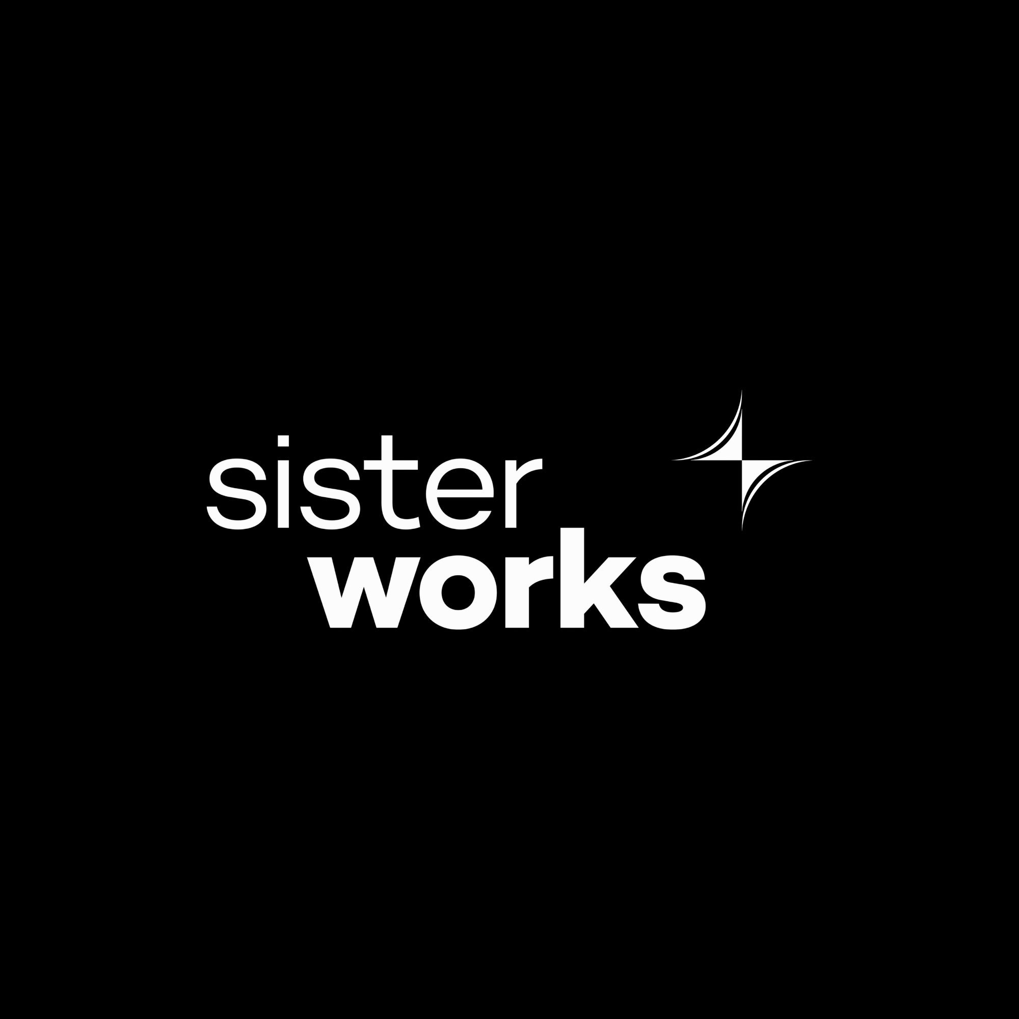 Black background with white text saying 'sister works' and a small shiny star graphic.