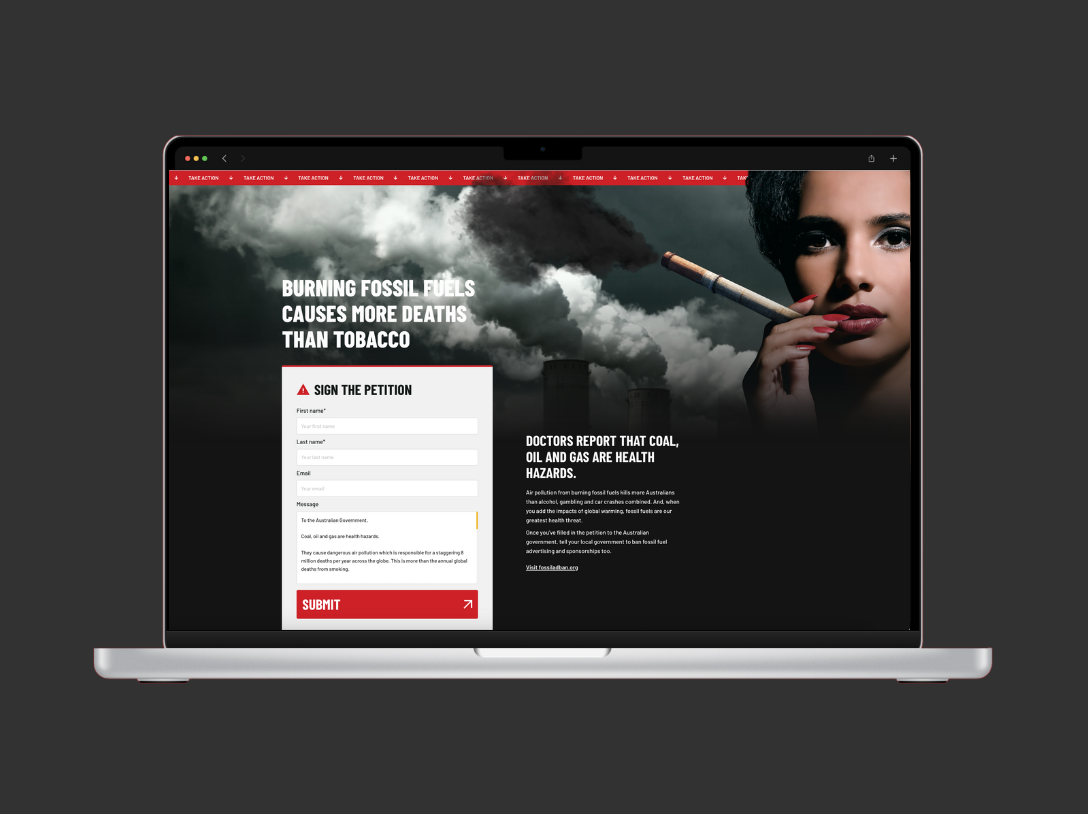 Laptop displaying a website with a dark smoky background, a woman smoking a cigarette, and a message about fossil fuel pollution and its health hazards.