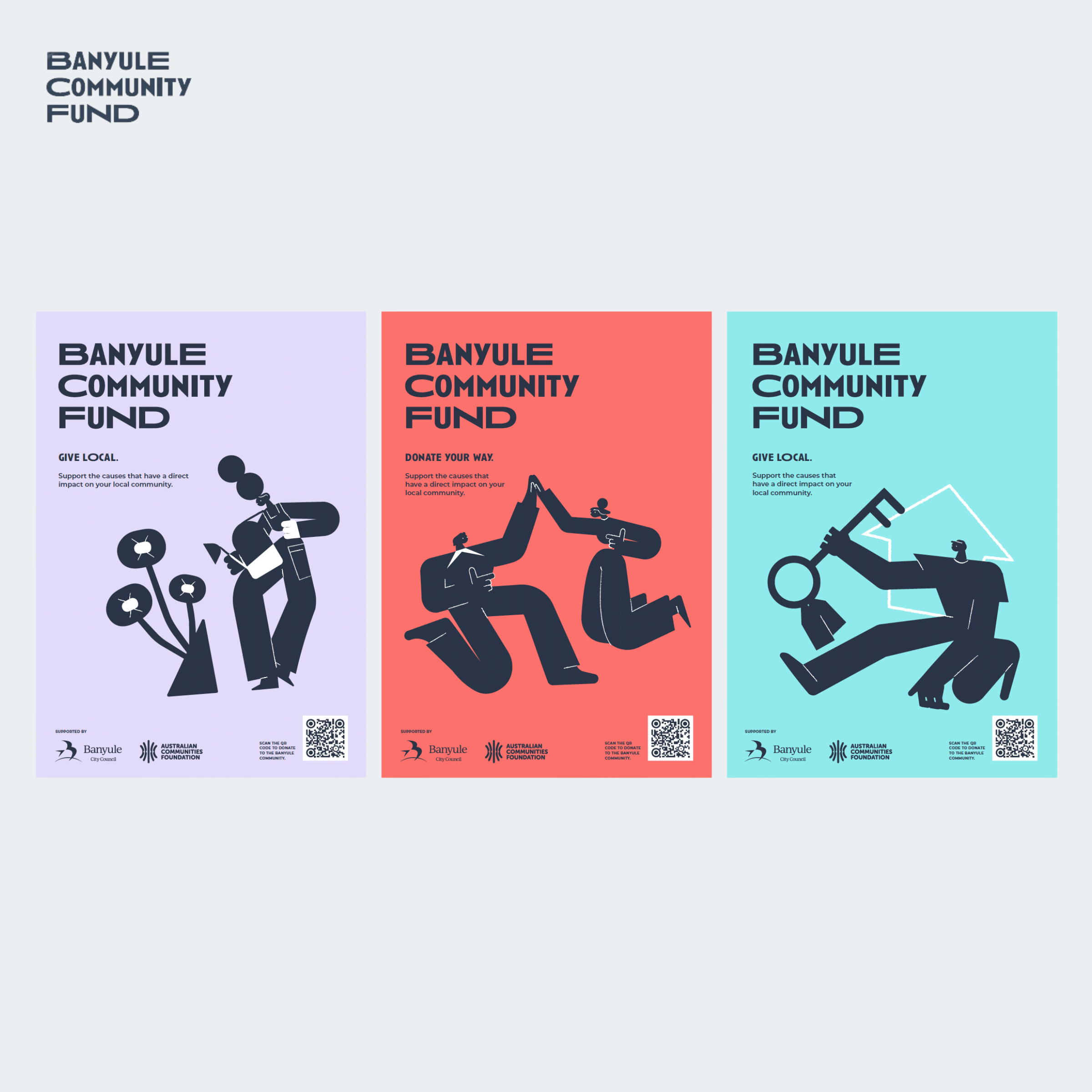 Three colorful posters promoting the Banyule Community Fund with abstract illustrations of people engaging with community activities. The posters include the fund's name, slogans such as 'Give Local' and 'Donate Your Way', QR codes, and logos of supporting organizations.