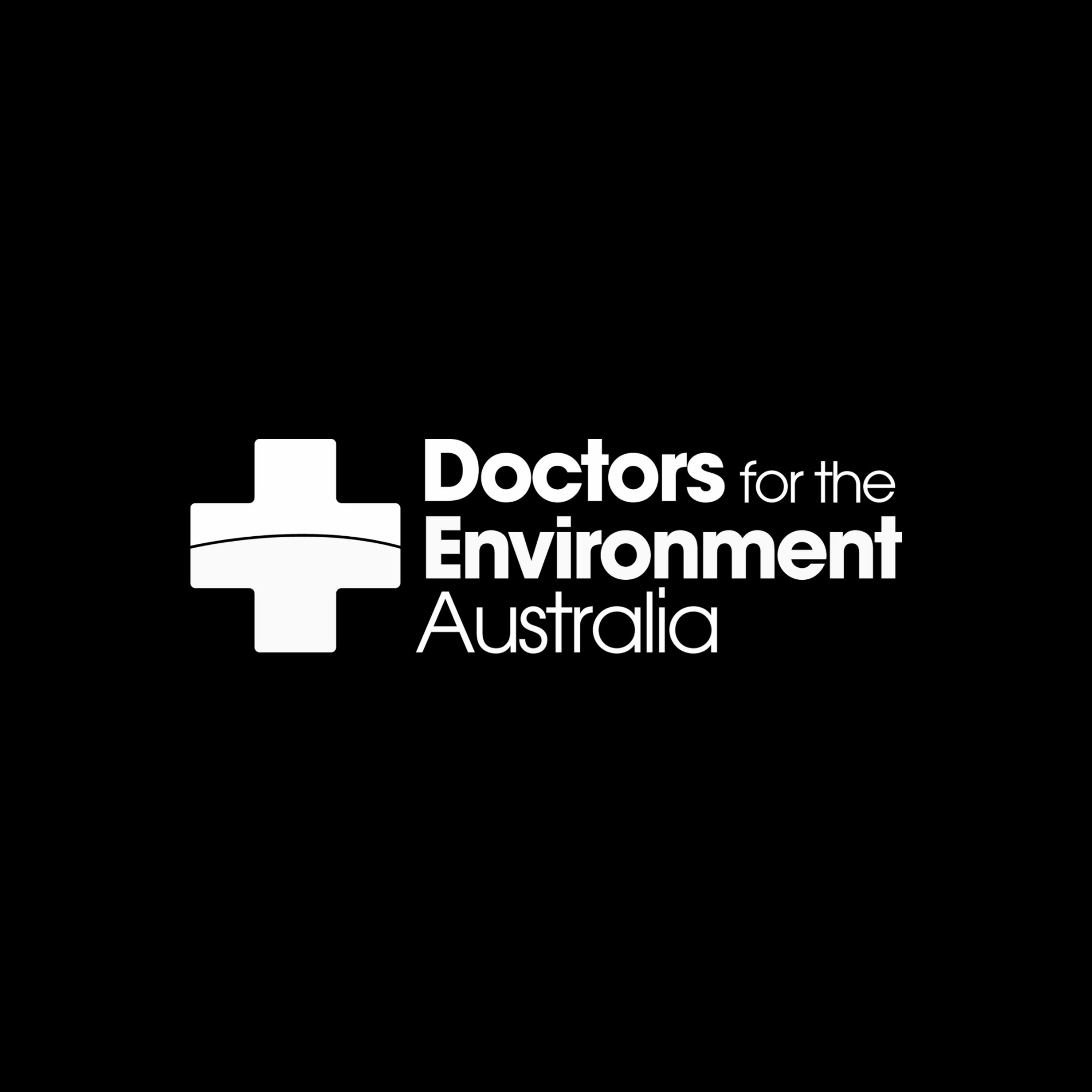 Logo of Doctors for the Environment Australia featuring a white medical cross on a black background with the organization name in white text.