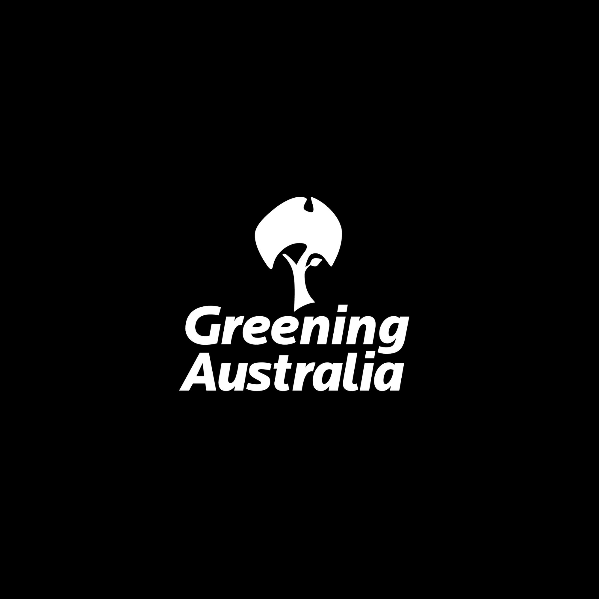 Black background with a white logo featuring a tree and the text 'Greening Australia' below it.