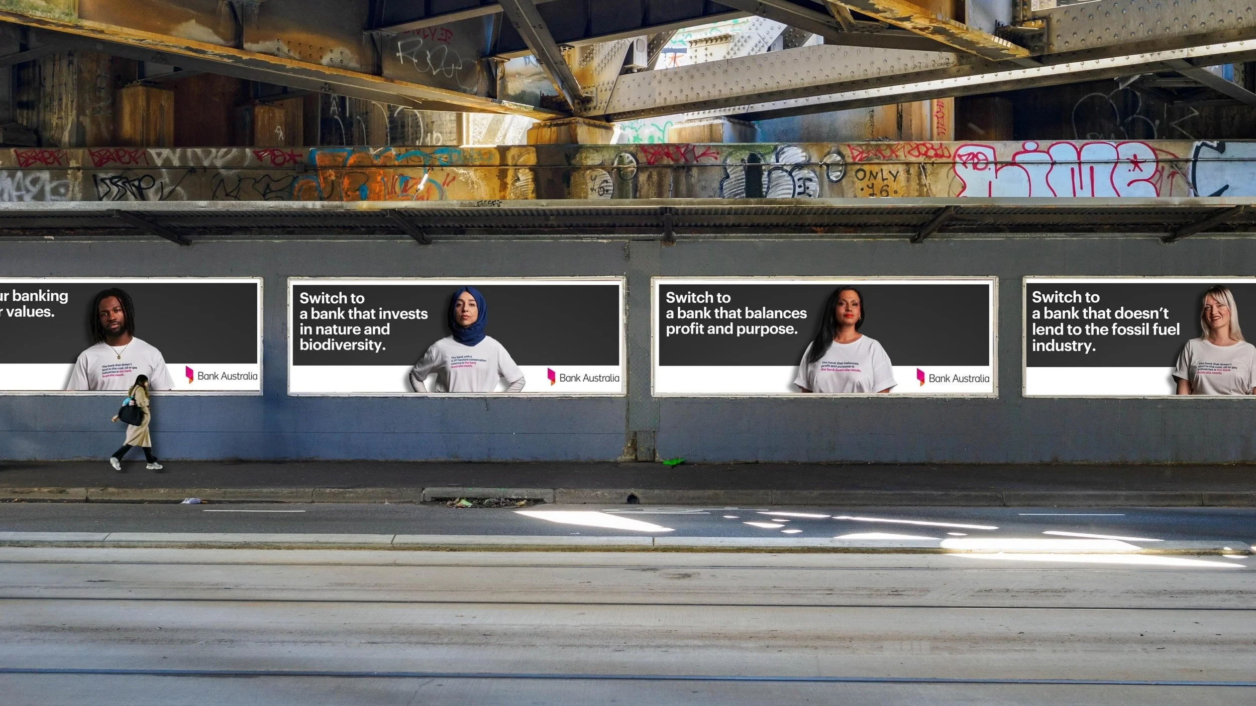 A series of four billboard advertisements on a city wall, each featuring a person and a message about switching to a different type of bank, with the Bank Australia logo.