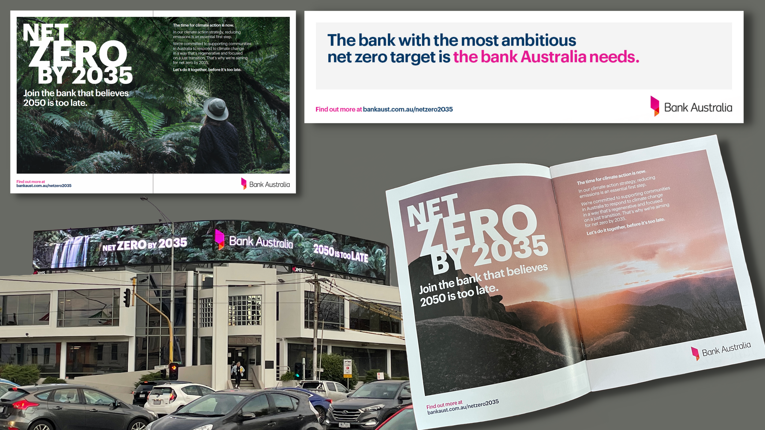 Net Zero by 2035 press ads, digital signage and outdoor. "The bank with the most ambitious net zero target is the banks Australia needs".
