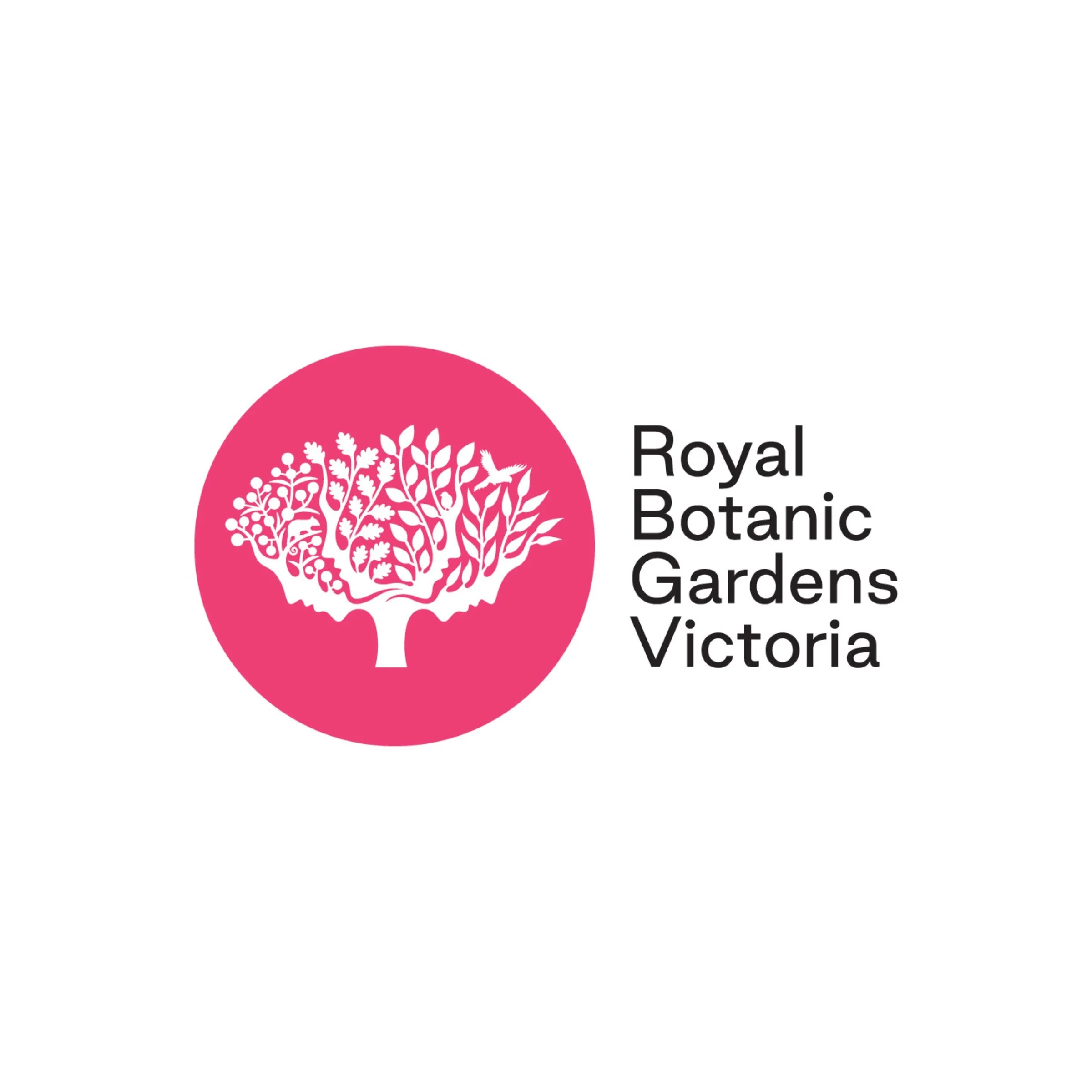 Logo of Royal Botanic Gardens Victoria featuring a stylized pink tree with various leafy branches and the organization name beside it.
