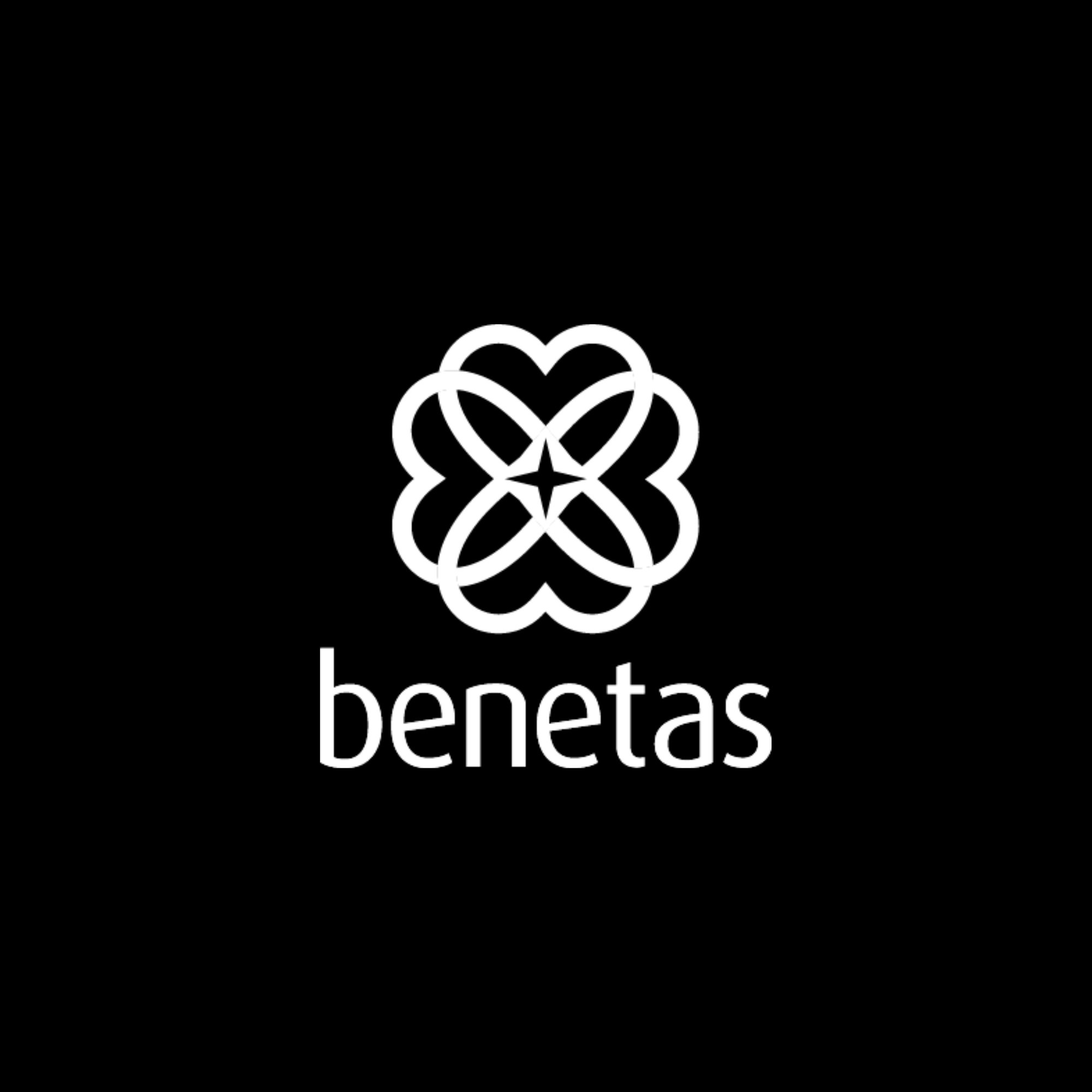 Logo with an abstract white geometric pattern resembling a flower on a black background, with the word "benetas" written underneath in white lowercase letters.