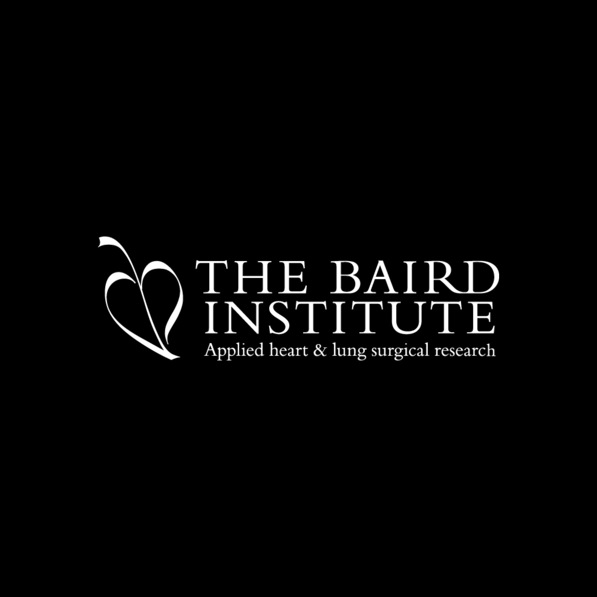 Logo of The Baird Institute with a stylized heart design and the tagline 'Applied heart & lung surgical research' on a black background.