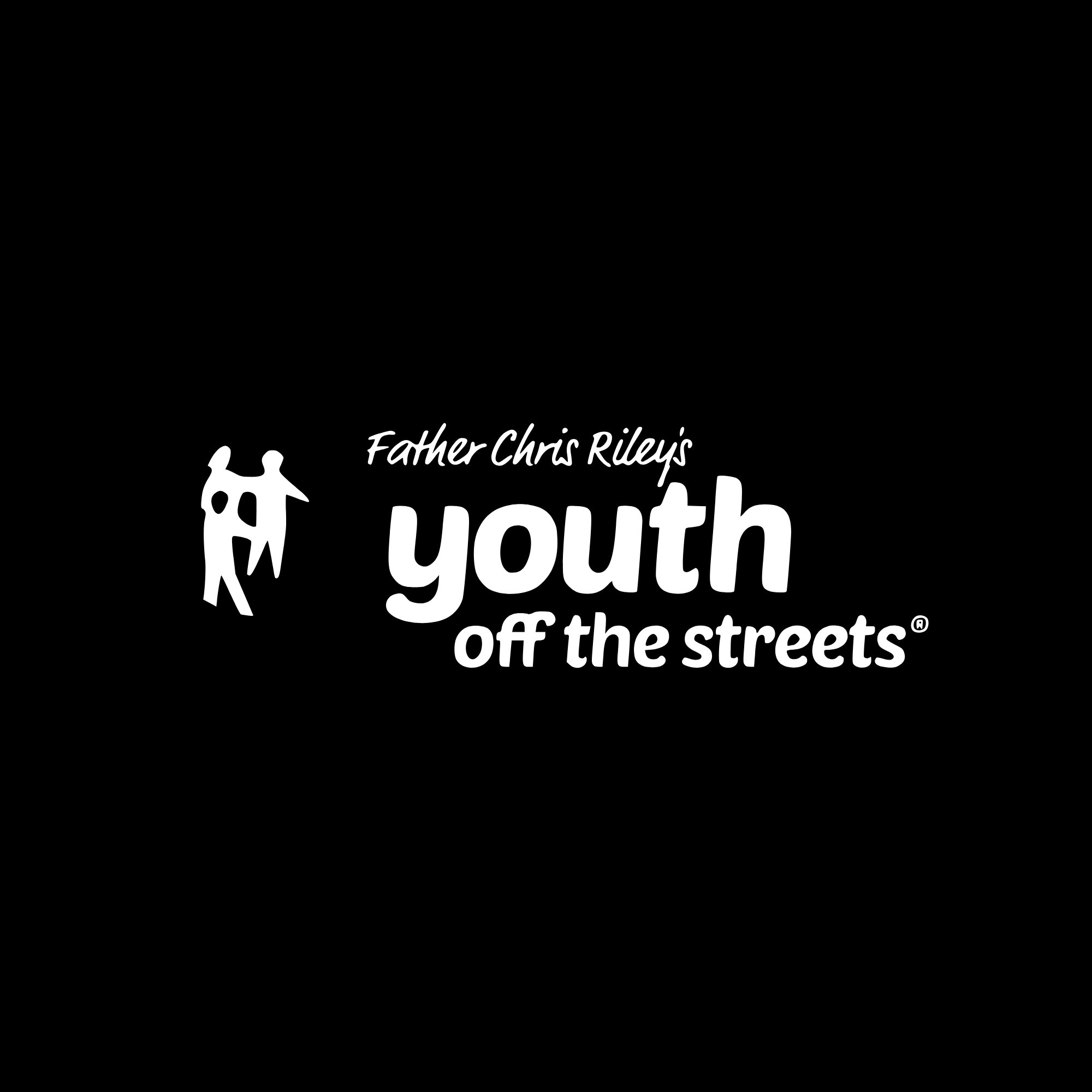 Logo for Father Chris Riley's Youth Off the Streets, featuring stylized figures of a youth and an adult holding hands, with the organization's name in white text on a black background.