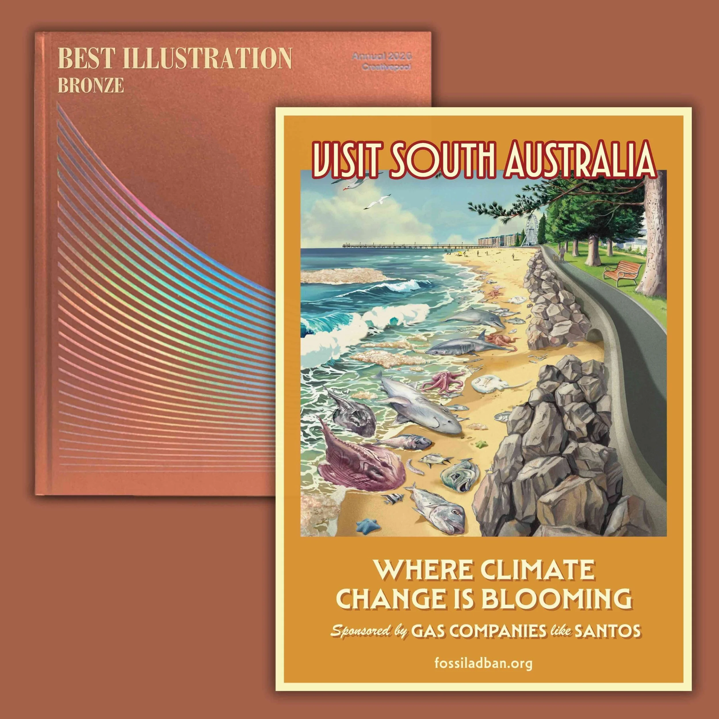 A colorful environmental awareness poster comparing South Australia’s beaches and algae bloom issues, highlighting climate pollution effects.