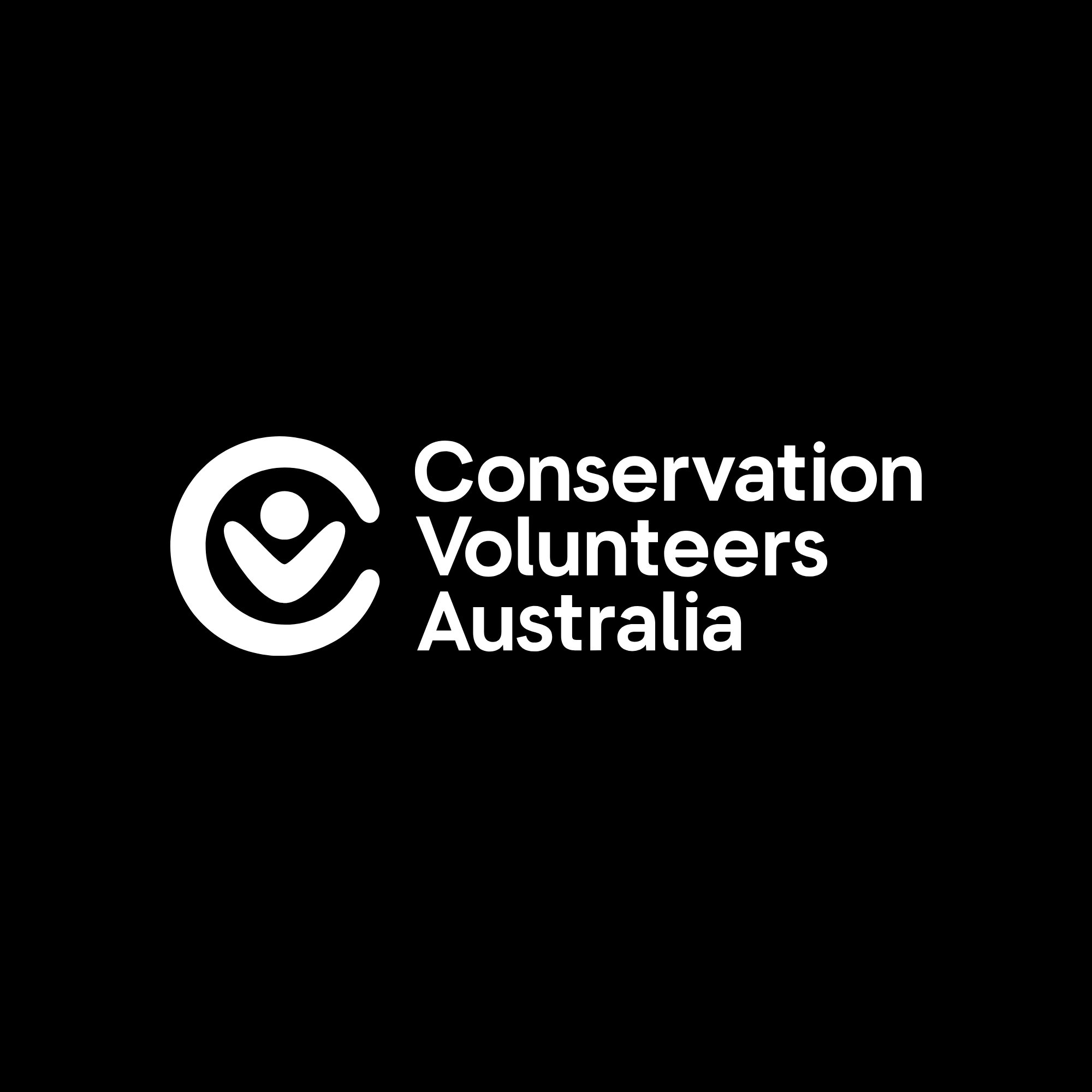Black background with white logo and text for Conservation Volunteers Australia, featuring a stylized checkmark inside a circle and the organization name.
