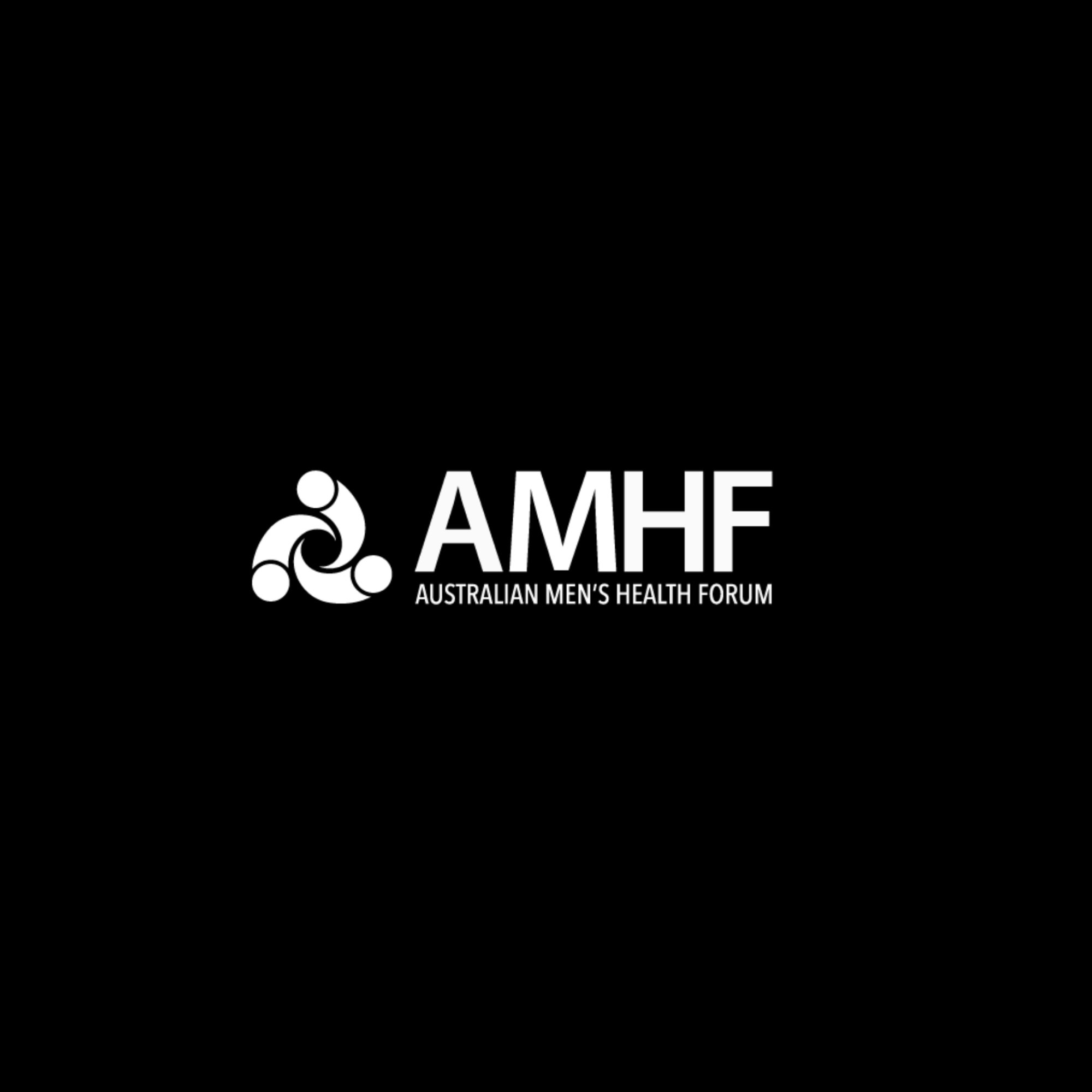 Black background with white logo for Australian Men's Health Forum, featuring stylized interconnected circles and the acronym AMHF.