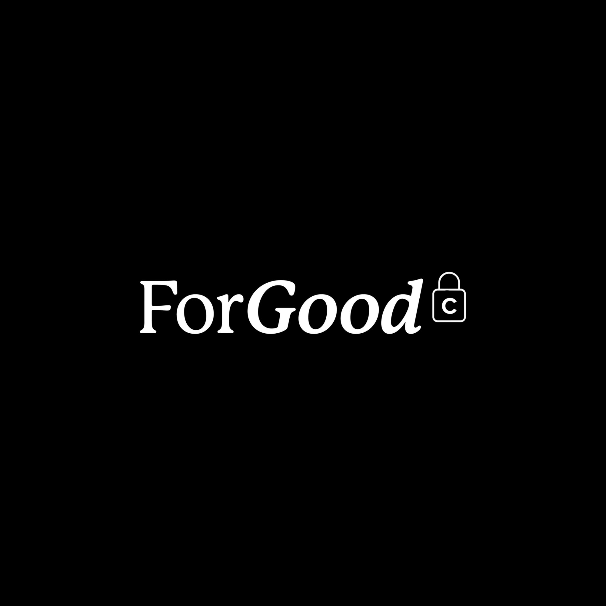 Logo with the text 'ForGood' in white, with a small lock icon featuring a copyright symbol inside, on a black background.