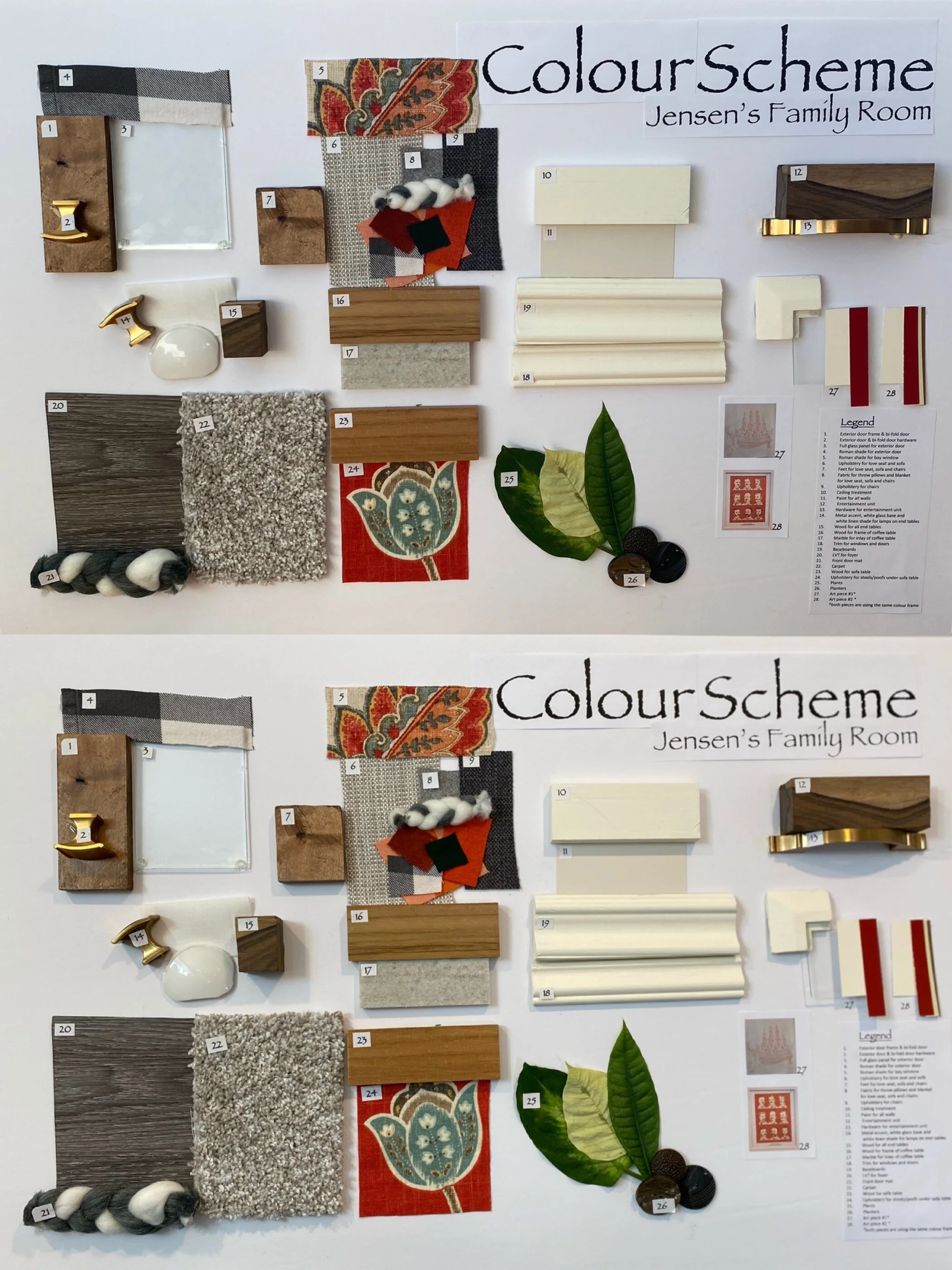 Colour scheme boards presented in natural and artificial light