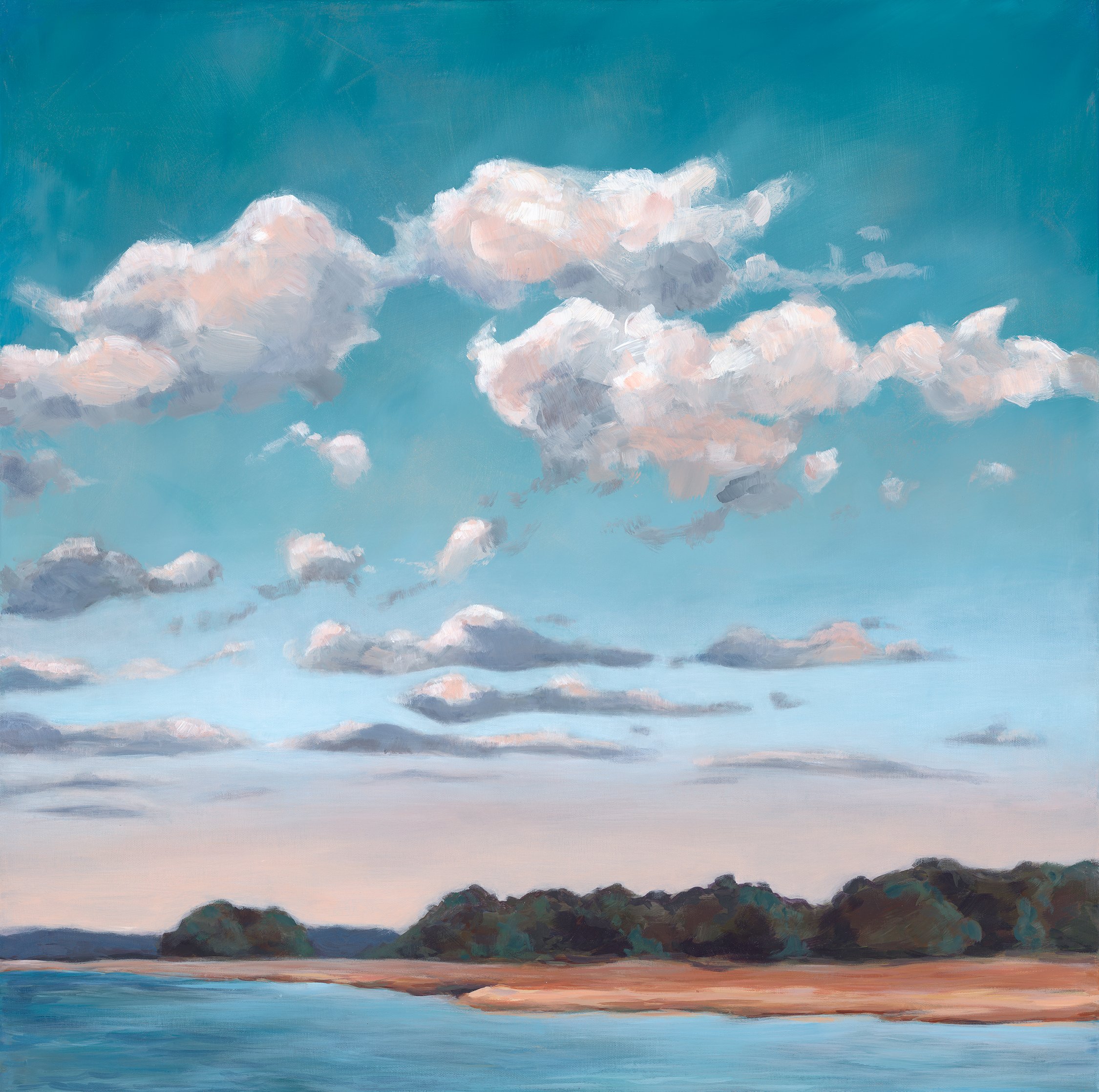 Painting of a peaceful lakeside scene with a blue sky filled with fluffy white and gray clouds, and a shoreline with trees in the distance.