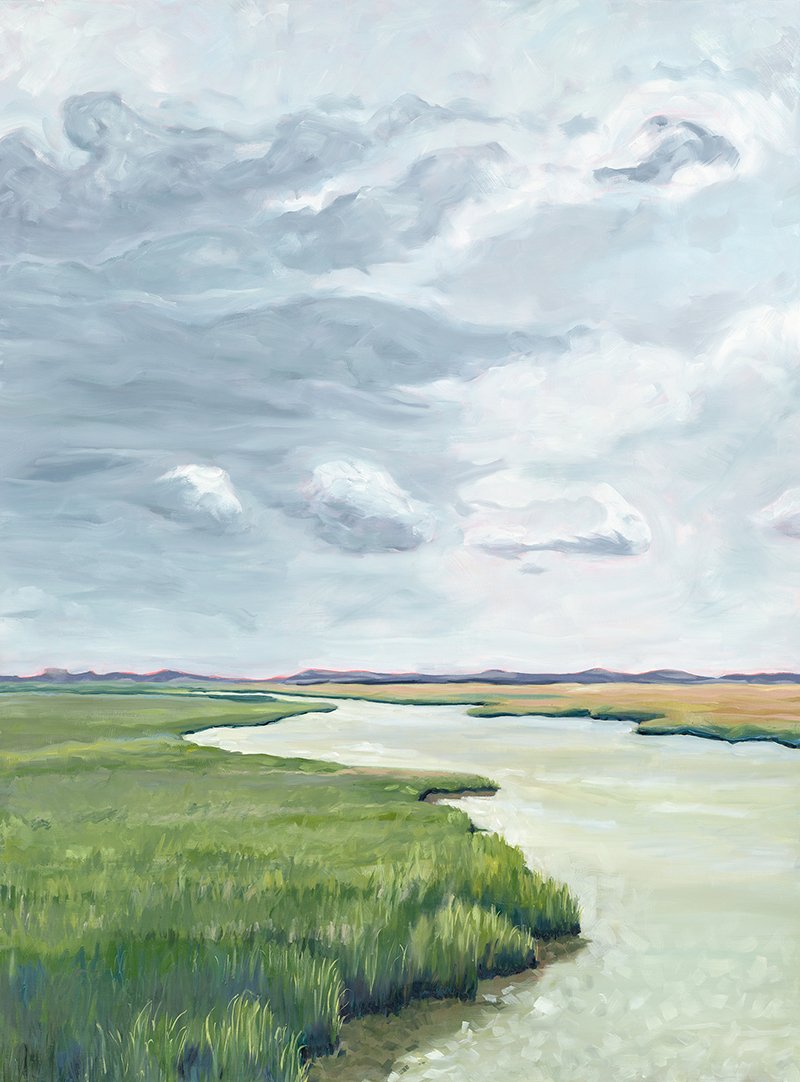 Painting of a wide river in the low country near Savannah, Georgia, flowing through green grassy wetlands under a cloudy sky with light and dark gray clouds.