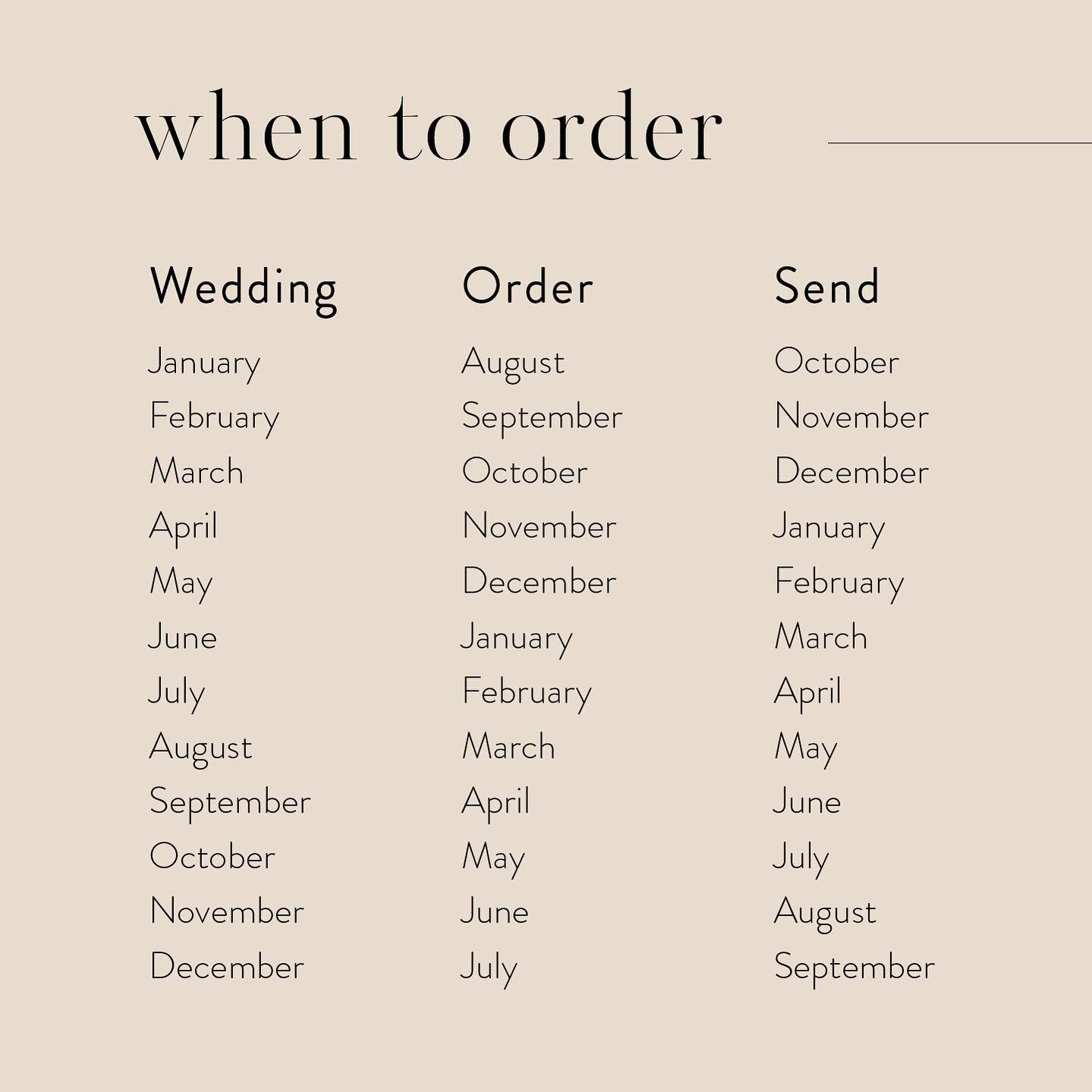 Attention engaged couples! 

Unsure about the perfect time to order and send your invitations? Here is our handy guide to help you plan your wedding. 

Save this post for future reference. 

We want you to enjoy the design process and be as stress fr