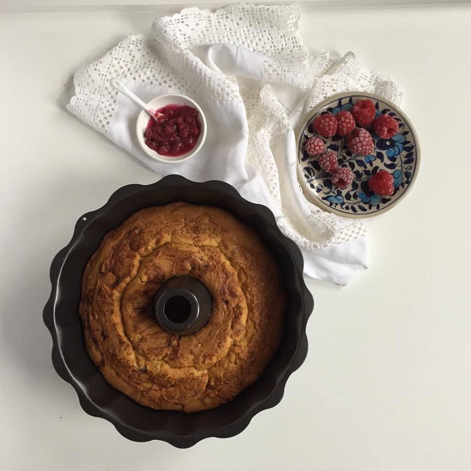 Raspberry, Pistachio and Falsa Sour Cream Cake