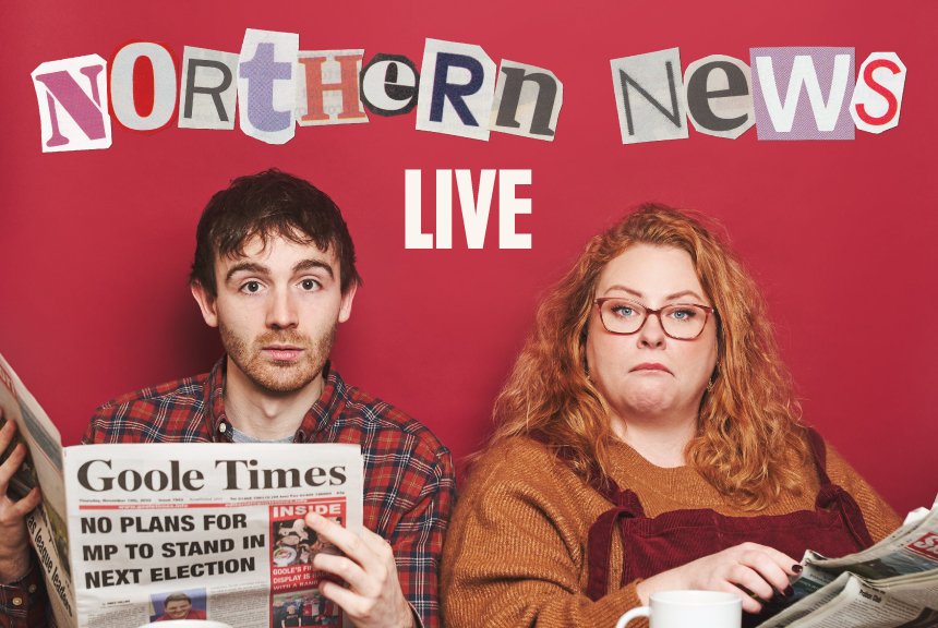 Two people, a man and a woman, seated in front of a red background with 'Northern News Live' written in cut-out letters. The man holds a newspaper titled "Goole Times" with a headline about political plans. The woman has a serious expression, wears g