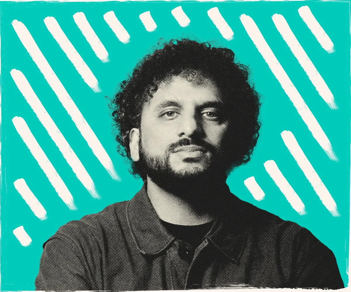 A head and shoulders image of comedian Nish Kumar  on a teal background with diagonal white stripes