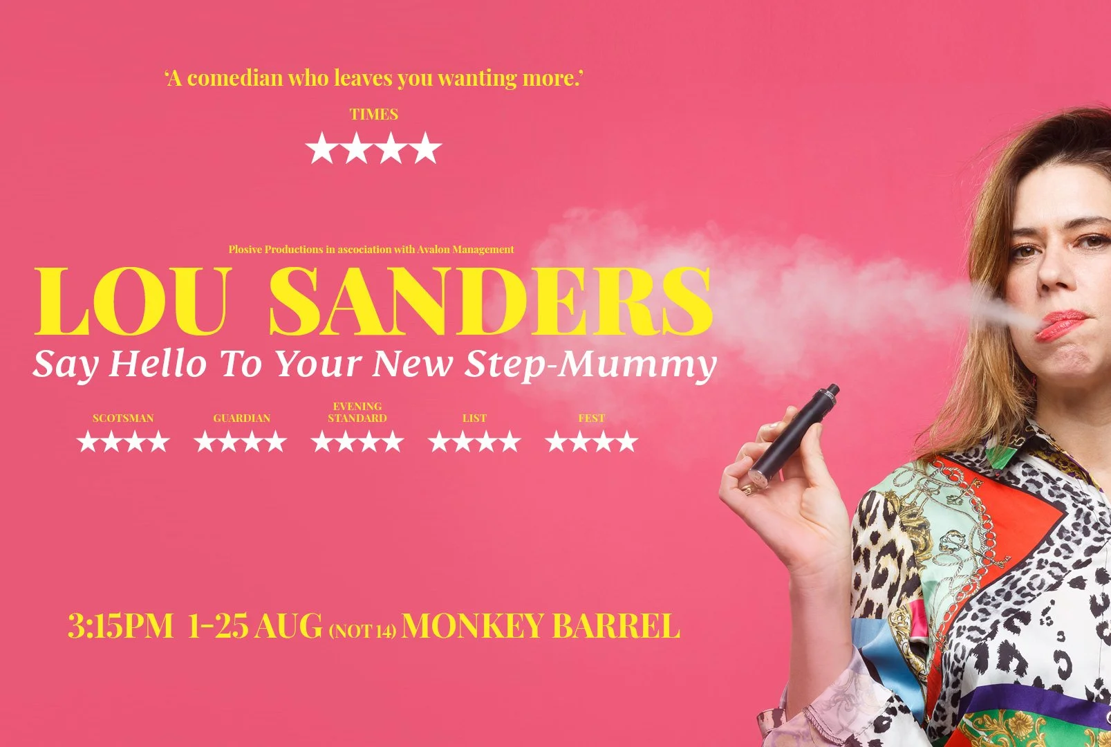 Event poster featuring Lou Sanders with the tagline 'Say Hello To Your New Step-Mummy'. The background is pink, with white and yellow text providing event details such as date, time, and location. Lou Sanders is partially visible on the right, holdin