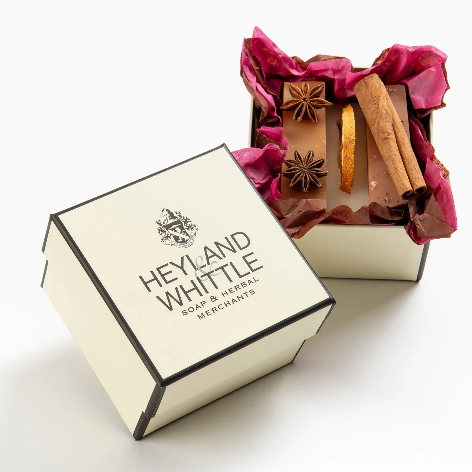 pack shot showing festive gift box of soap with cinnamon anise and orange spice blend by heyland and wittle soap herbal merchants