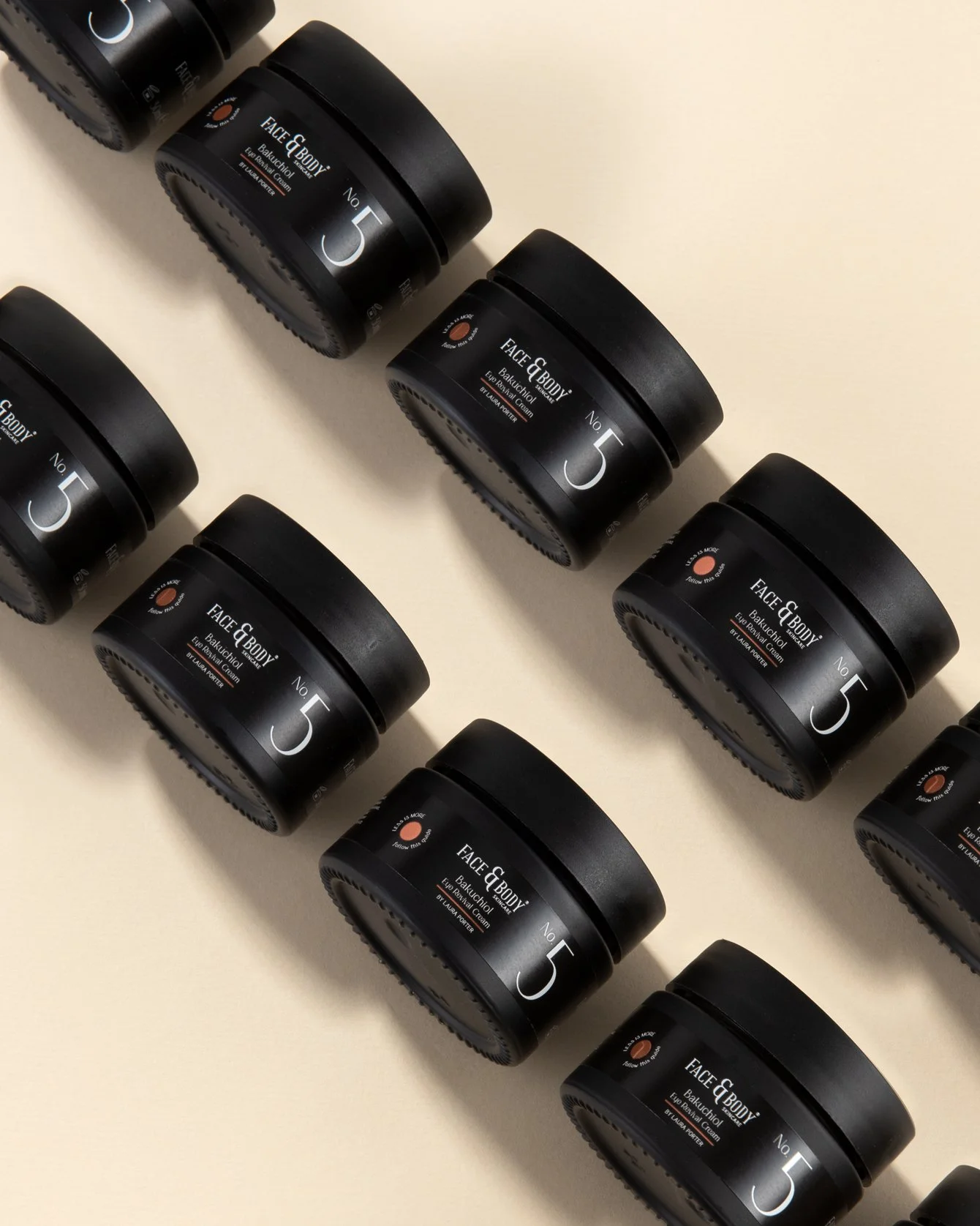 Product Hero photography shot showing multiple jars of FAB Skincare eye cream on a graduated light brown background