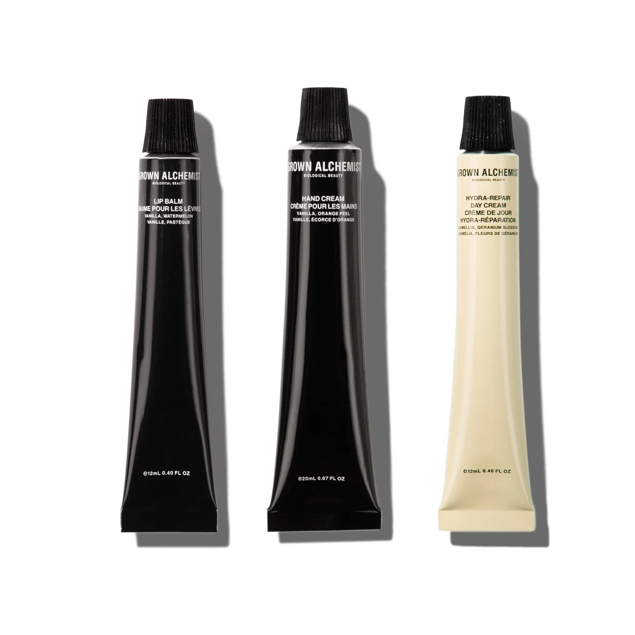 pack shot photography for grown alchemist  range of skincare cosmetic tubes with a white background with strong shadows