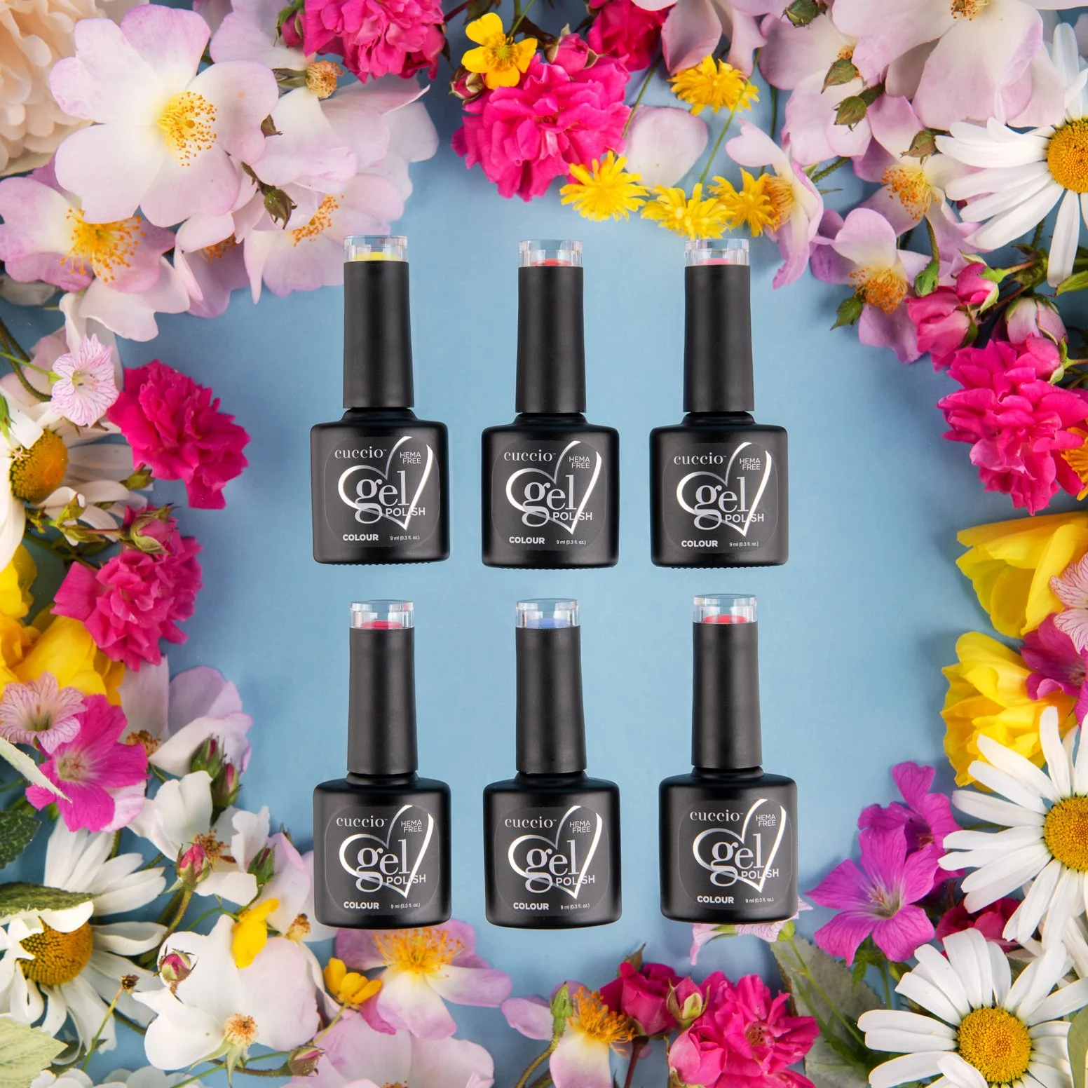 hero product photography showing cuccio nail gel range on floral background 