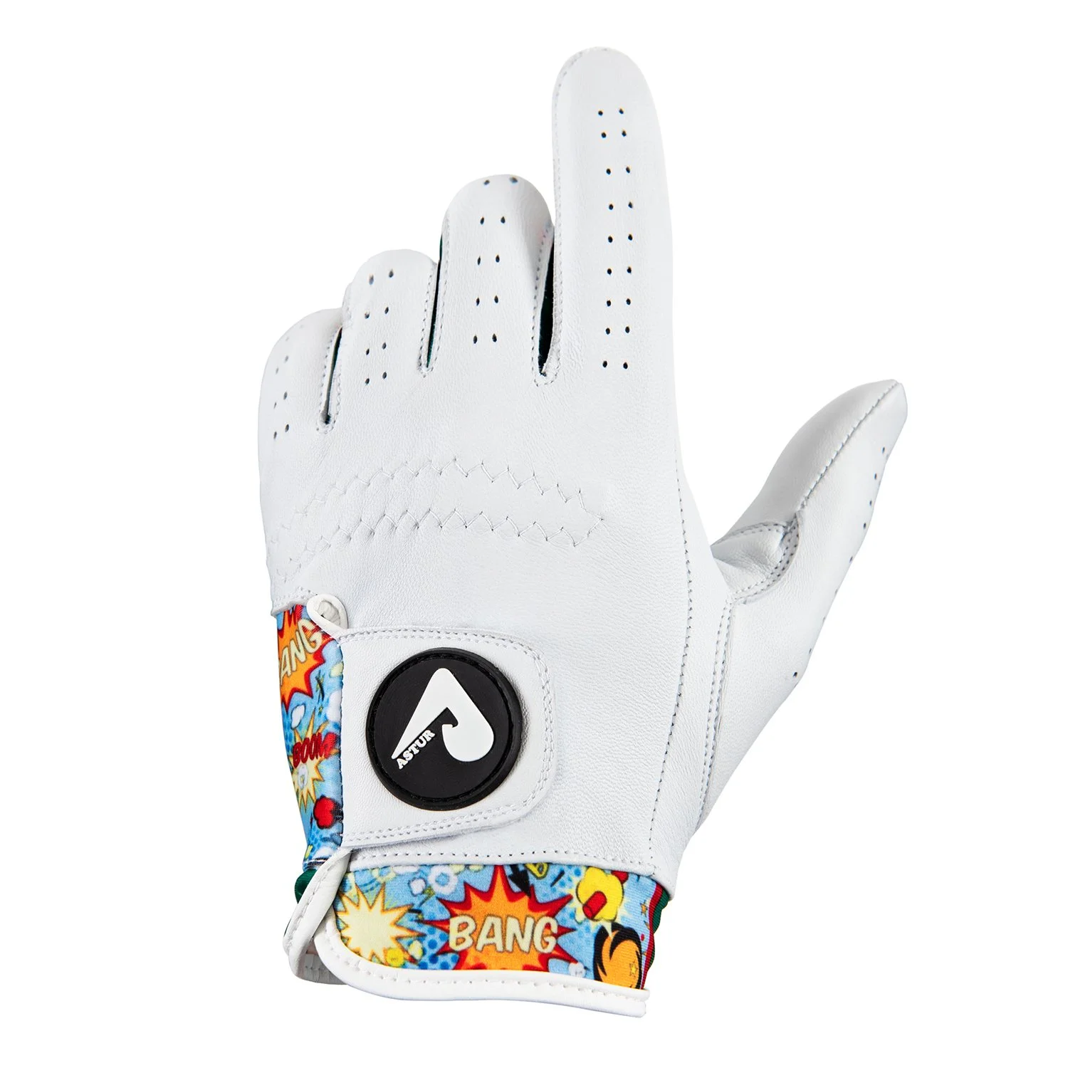 pack shot of a single golf glove with a pop art design on white background