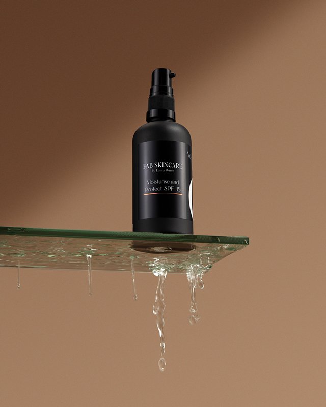 FAB skincare by Laura Porter studio hero photography with a  bottle of moisturising cosmetic spray balanced on a glass shelf with water dripping
