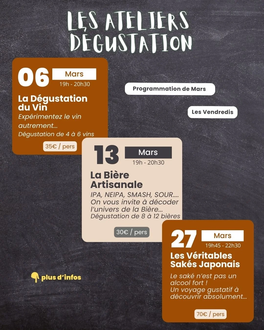 *** 𝐀𝐓𝐄𝐋𝐈𝐄𝐑𝐒 𝐃𝐄́𝐆𝐔𝐒𝐓𝐀𝐓𝐈𝐎𝐍 - 𝐏𝐫𝐨𝐠𝐫𝐚𝐦𝐦𝐞 𝐝𝐞 𝐌𝐚𝐫𝐬 ***

🔶LES SECRETS DE LA D&Eacute;GUSTATION DU VIN🔶

 🔸  Vendredi 6 Mars -  de 19h &agrave; 20h30 🔸 

Venez d&eacute;couvrir les secrets de la d&eacute;gustation du vi