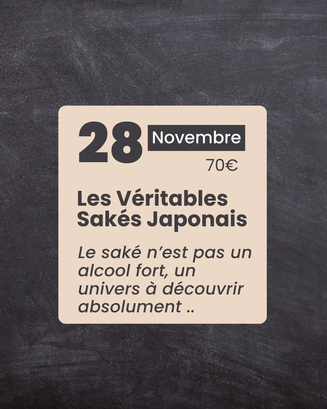 *** 𝐀𝐓𝐄𝐋𝐈𝐄𝐑 𝐃𝐄́𝐆𝐔𝐒𝐓𝐀𝐓𝐈𝐎𝐍 - 𝐋𝐞𝐬 𝐕𝐞́𝐫𝐢𝐭𝐚𝐛𝐥𝐞𝐬 𝐒𝐚𝐤𝐞́𝐬 𝐉𝐚𝐩𝐨𝐧𝐚𝐢𝐬 🍶 ***

 👉 𝐕𝐞𝐧𝐝𝐫𝐞𝐝𝐢 𝟐𝟖 𝐍𝐨𝐯𝐞𝐦𝐛𝐫𝐞 &agrave; 19h45

Oubliez vos aprioris !!! 
Le v&eacute;ritable Sak&eacute; japonais n&rsquo;est p