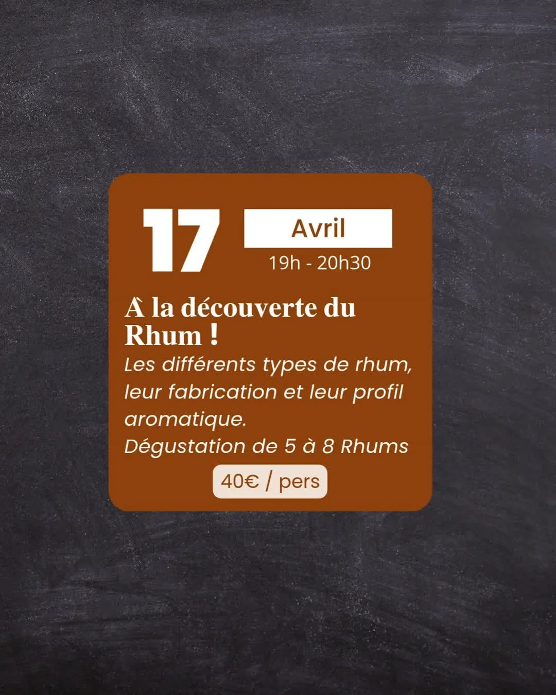 *** Ateliers d&eacute;gustation ***

Demain, Vendredi 17 Avril,  c'est Atelier D&eacute;gustation de Rhums !
🕚de 19h30 &agrave; 21h
💲40&euro;/personne
Possibilit&eacute; de commander une planche ap&eacute;ritive en plus

Encore quelques places disp