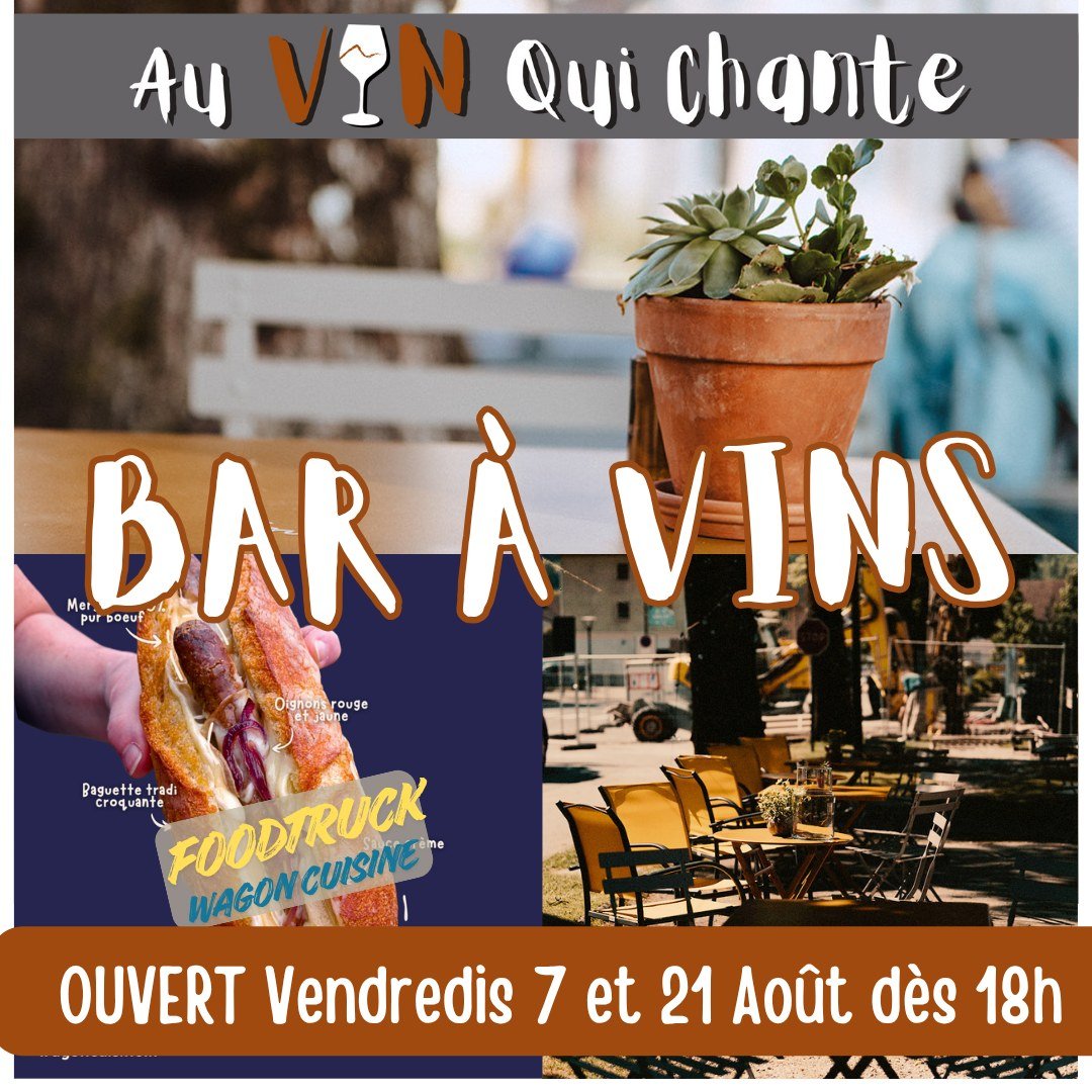 🍷 𝐁𝐀𝐑 𝐀̀ 𝐕𝐈𝐍𝐒 &amp; 𝐅𝐨𝐨𝐝𝐭𝐫𝐮𝐜𝐤🍷

🔸 𝐕𝐞𝐧𝐝𝐫𝐞𝐝𝐢s 𝟕 &amp; 21 𝐀𝐨𝐮̂𝐭 - 𝐝𝐞̀𝐬 𝟏𝟖𝐡 🔸

Soir&eacute;e Bar &agrave; Vins &amp; Foodtruck en terrasse, au bord du Foron ...
🍷 Vins au verre
🍺 Bi&egrave;res Artisanales
🍹 Cock