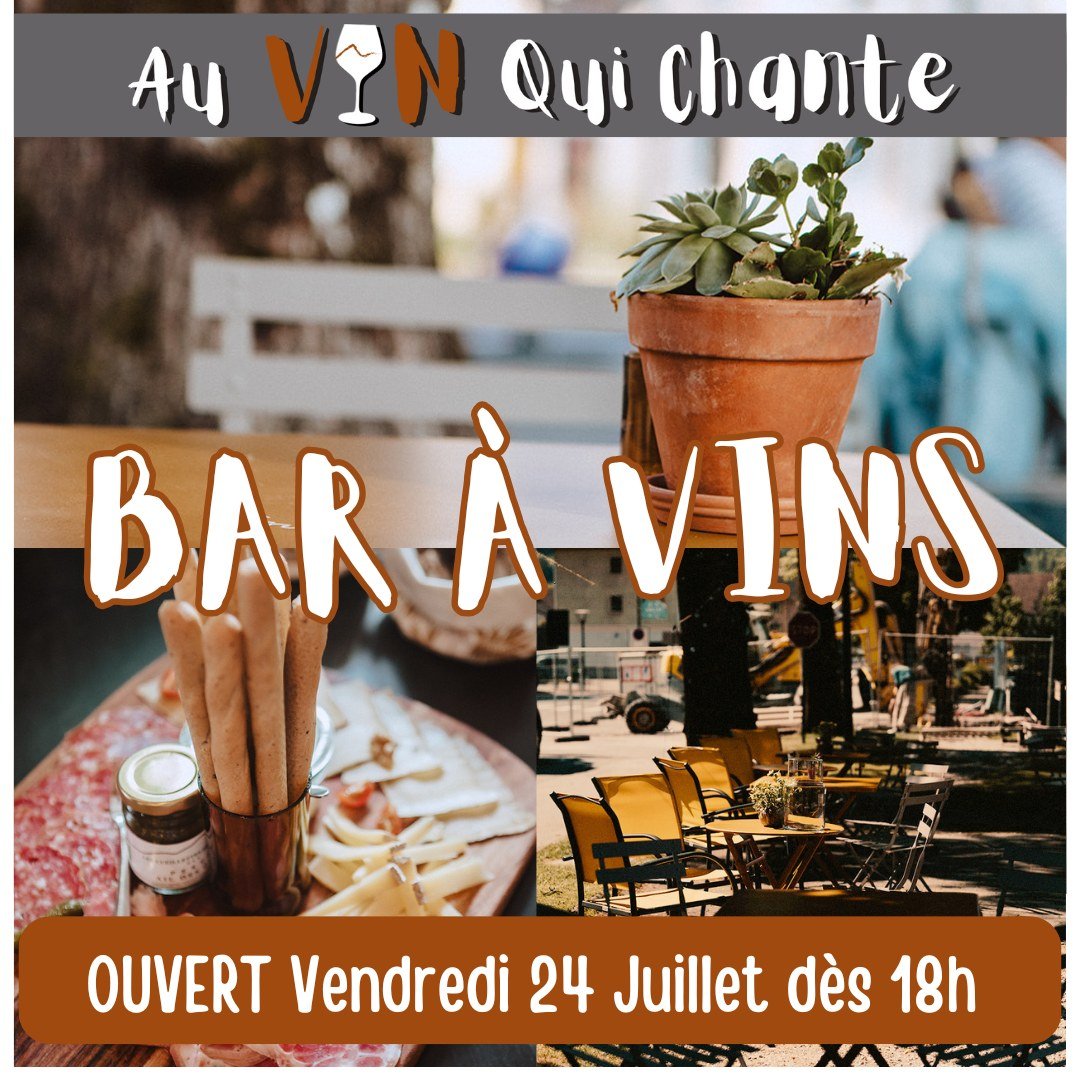 🍷 B𝐀R &Agrave; V𝐈N𝐒 🍷
 🔸  𝐕𝐞𝐧𝐝𝐫𝐞𝐝𝐢 𝟐𝟒 𝐉𝐮𝐢𝐥𝐥𝐞𝐭 -  𝐝𝐞̀𝐬 𝟏𝟖𝐡 🔸 

Soir&eacute;e Bar &agrave; Vins  en terrasse, au bord du Foron ...
🍷 Vins au verre
🍺  Bi&egrave;res Artisanales
🍹  Cocktails 
🥤  Softs
🧀  Planches Ap&eac