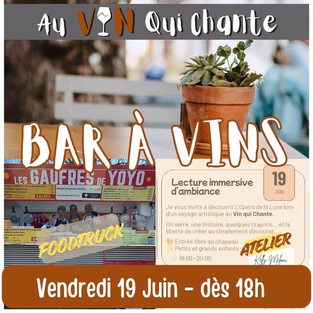 🍷 B𝐀R &Agrave; V𝐈N𝐒 🍷
 🔸  𝐕e𝐧d𝐫e𝐝i 1𝟗 𝐉u𝐢n -  d𝐞̀s 1𝟖h 🔸 
Foodtruck &amp; Bar &agrave; Vins  en terrasse, au bord du Foron !
🍹Vins au verre, Bi&egrave;res Artisanales, Cocktails et Softs
🧀Planches Ap&eacute;ritives
👉Gaufres sucr&ea
