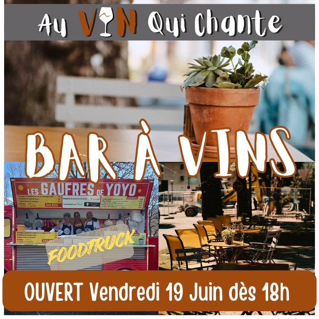 *** 𝐁𝐚𝐫 𝐚̀ 𝐕𝐢𝐧𝐬 &amp; 𝐅𝐨𝐨𝐝𝐭𝐫𝐮𝐜𝐤 - 𝐕𝐞𝐧𝐝𝐫𝐞𝐝𝐢 𝟏𝟗  𝐉𝐮𝐢𝐧 ***

🕛d&egrave;s 18h 
🥪Foodtruck

Une nouvelle soir&eacute;e Bar  &egrave;s Vendredi prochain, avant que la Vogue🎡ne s'installe sur l'avenue des Th&eacute;zi&egrave