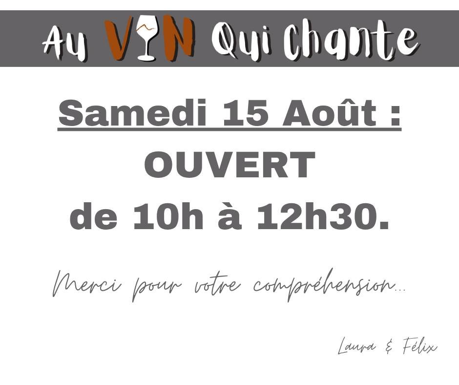 🔸 Samedi 15 Ao&ucirc;t 🔸
La cave sera ouverte de 10h &agrave; 12h30 !

🔸 B𝐀R &Agrave; V𝐈N𝐒 -  𝐕𝐞𝐧𝐝𝐫𝐞𝐝𝐢 21 𝐀𝐨𝐮̂𝐭 - 𝐝𝐞̀𝐬 𝟏𝟖𝐡 🔸
Soir&eacute;e Bar &agrave; Vins &amp; Foodtruck en terrasse, au bord du Foron ...
🍷 Vins au verre
?