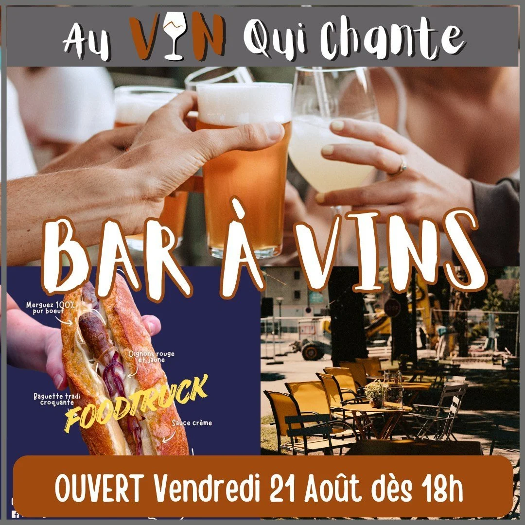 🔸 B𝐀R &Agrave; V𝐈N𝐒 -  𝐕𝐞𝐧𝐝𝐫𝐞𝐝𝐢 21 𝐀𝐨𝐮̂𝐭 - 𝐝𝐞̀𝐬 𝟏𝟖𝐡 🔸

Soir&eacute;e Bar &agrave; Vins &amp; Foodtruck en terrasse, au bord du Foron ...

🍷 Vins au verre
🍺 Bi&egrave;res Artisanales
🍹 Cocktails
🥤 Softs
🧀 Planches Ap&eacute