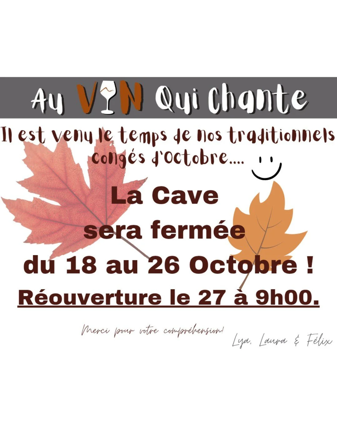 La Cave sera ferm&eacute;e du 18 au 26 octobre 🍂🍁
👉 R&eacute;ouverture le 27 a 9h ! 

*** 𝐀𝐓𝐄𝐋𝐈𝐄𝐑𝐒 𝐃𝐄𝐆𝐔𝐒𝐓𝐀𝐓𝐈𝐎𝐍𝐒 - 𝐏𝐫𝐨𝐠𝐫𝐚𝐦𝐦𝐞 𝐝'𝐀𝐮𝐭𝐨𝐦𝐧𝐞 ***

🔸  Vendredi 16 Octobre -  de 19h45 &agrave; 22h 🔸 
𝐋𝐞𝐬 𝐕𝐞́𝐫𝐢𝐭