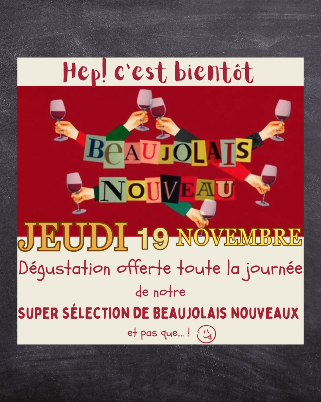 🔸 Jeudi 19 Novembre 🔸  🍷𝐎𝐍 𝐅𝐄̂𝐓𝐄 𝐋𝐄 𝐁𝐄𝐀𝐔𝐉𝐎𝐋𝐀𝐈𝐒 𝐍𝐎𝐔𝐕𝐄𝐀𝐔 🍷 Dégustation offerte toute la journée ... Super Sélection de Beaujolais nouveaux ( et pas que.... ! )