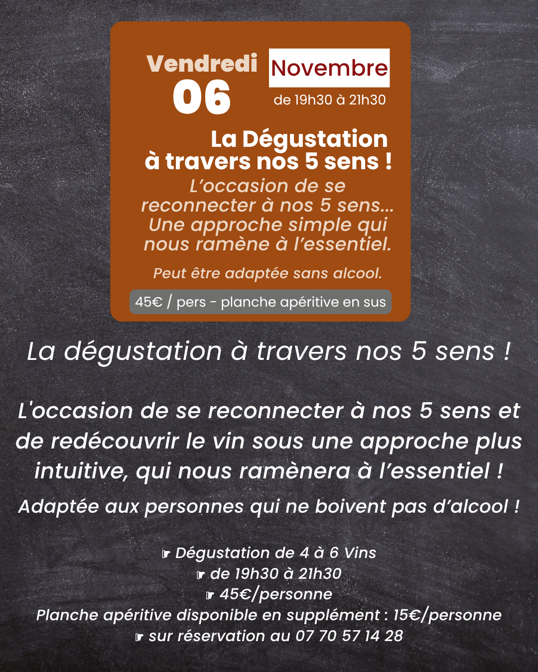 🔸 Vendredi 6 Novembre - de 19h30 à 21h30 🔸  𝐋𝐚 𝐃𝐞́𝐠𝐮𝐬𝐭𝐚𝐭𝐢𝐨𝐧 𝐚̀ 𝐭𝐫𝐚𝐯𝐞𝐫𝐬 𝐧𝐨𝐬 𝟓 𝐬𝐞𝐧𝐬 🍷