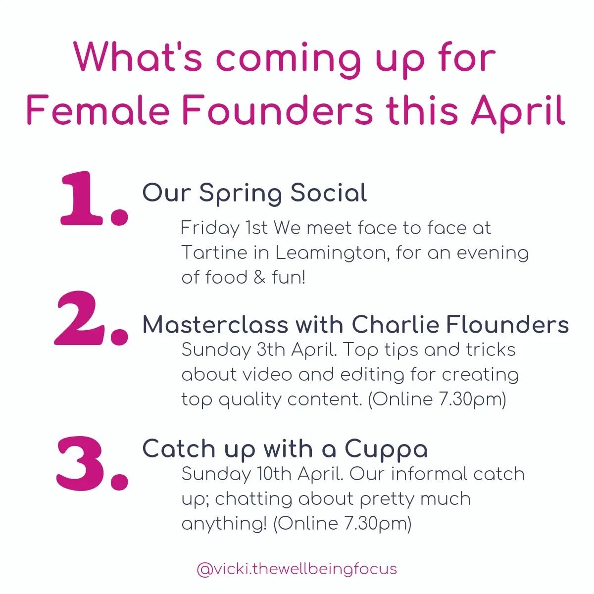 An exciting month ahead for the Female Founders, we start the month by getting together at @tartine_leamington for our Spring Social❤️, any excuse to get together face to face! 

We then have the amazing @charliefloundersphotography
Of @firefly_produ