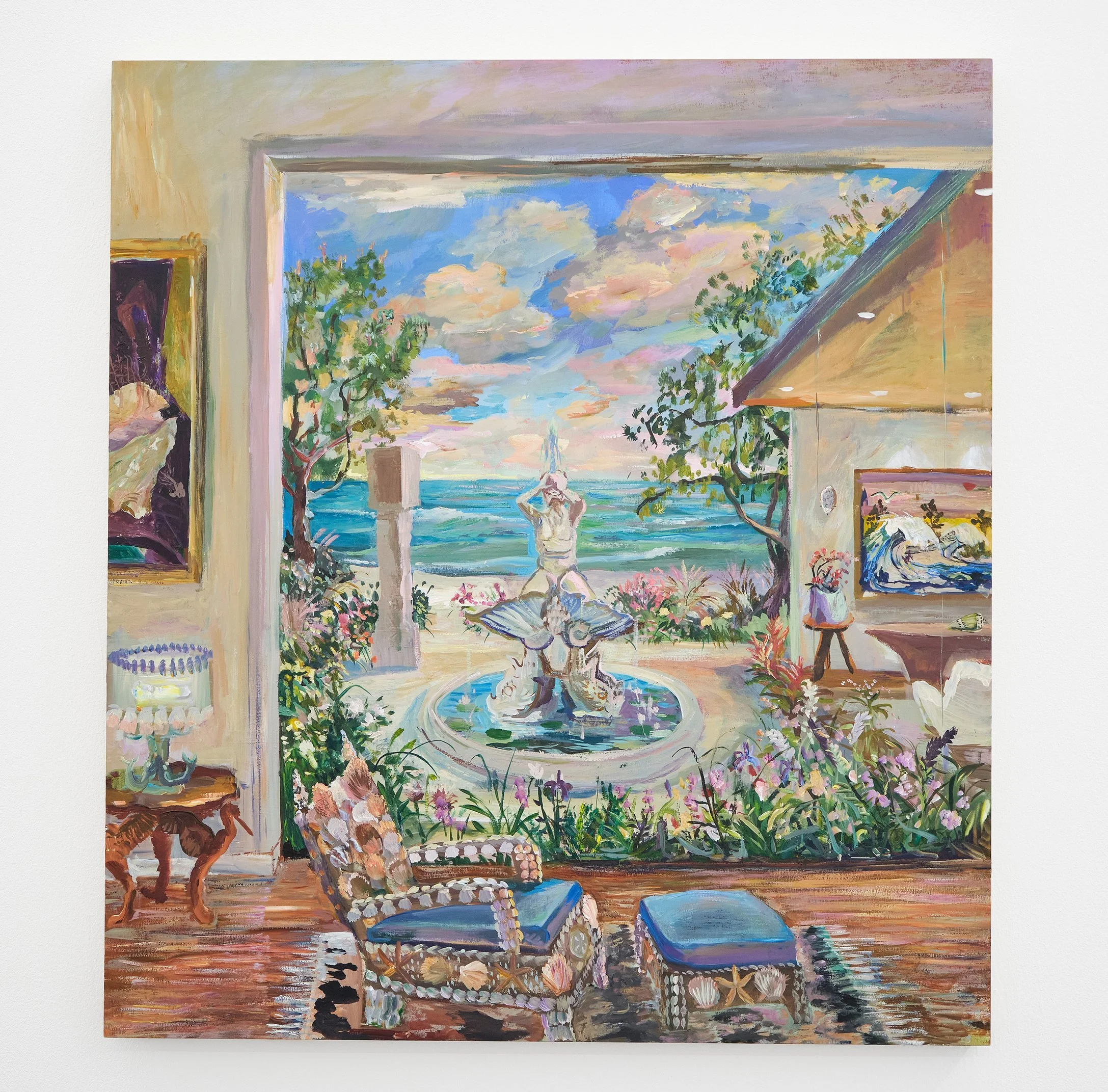 Johnny DeFeo "Private Beachfront with Shell Chair and Neptune Fountain"