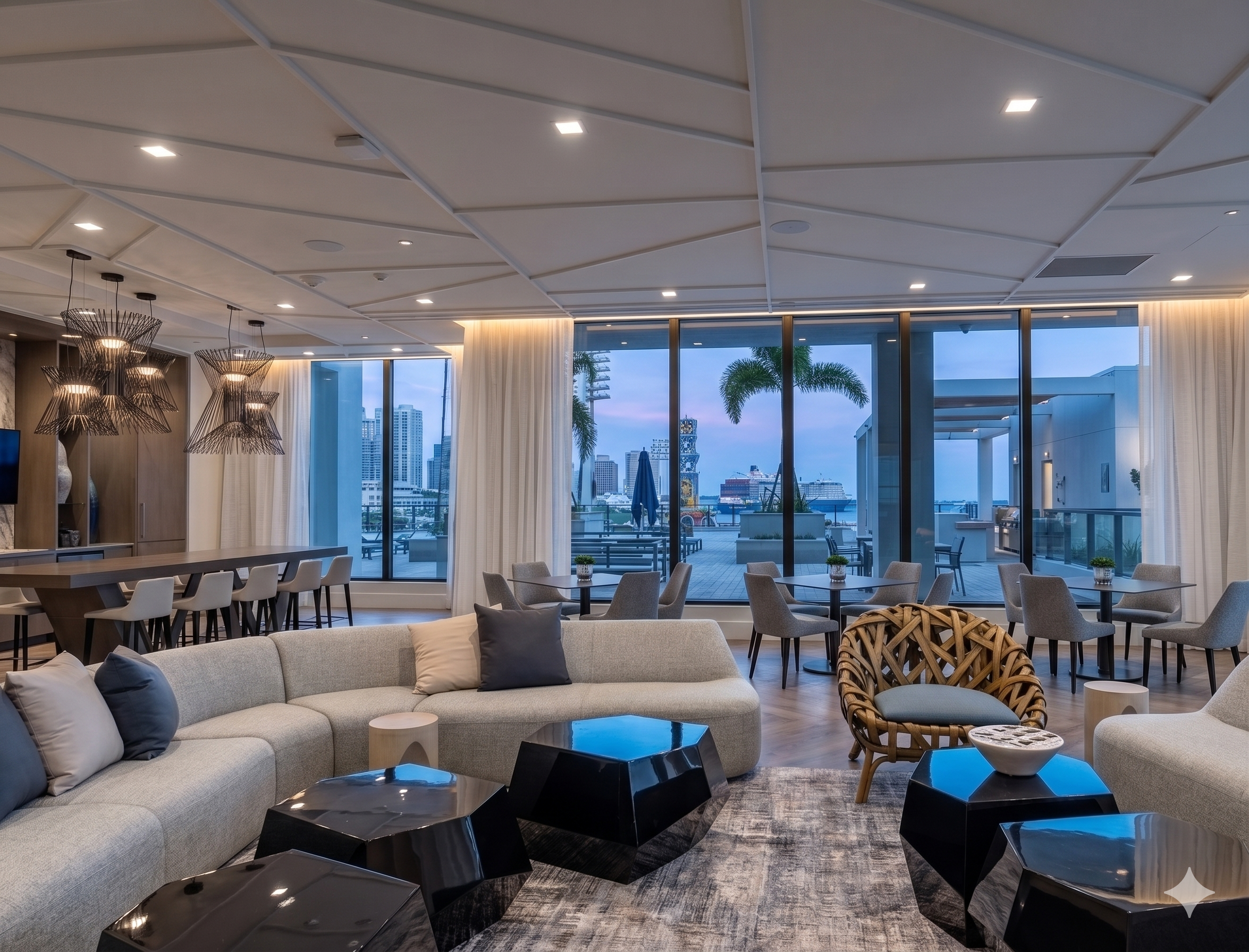 Luxury residence at Saltaire St Pete featuring open living space and contemporary coastal design with floor to ceiling windows